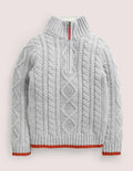 Grey Half Zip Cable Knit Jumper-Torsadé gris chiné