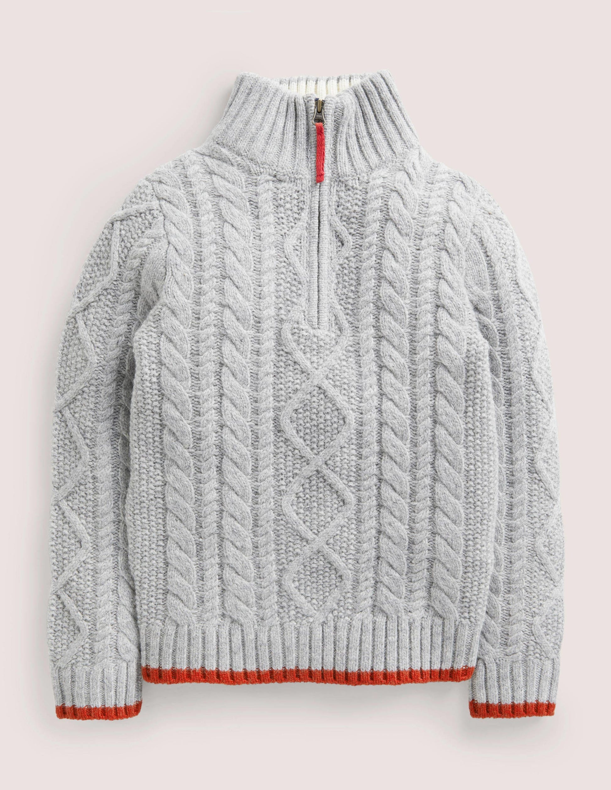 Grey Half Zip Cable Knit Jumper-Torsadé gris chiné-1