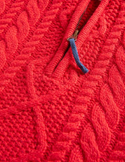 Zopfstrickpullover mit halbem Reißverschluss-Rockabilly-Rot, Zopfmuster