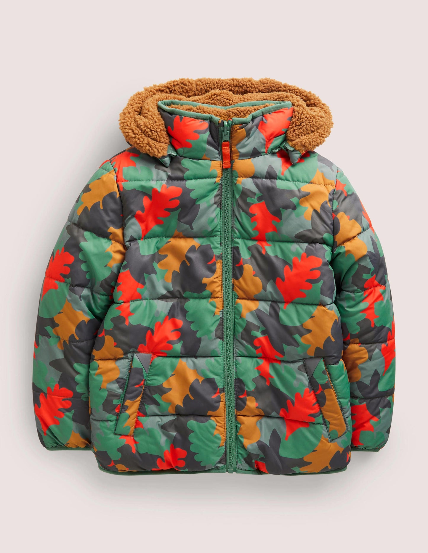 Autumn Leaf Reversible Teddy Puffer Jacket-Rosmaringrün, Herbstlaub-Camouflage