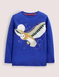 Blue Owl Print Long-Sleeved T-shirt-Chouette bleu brillant