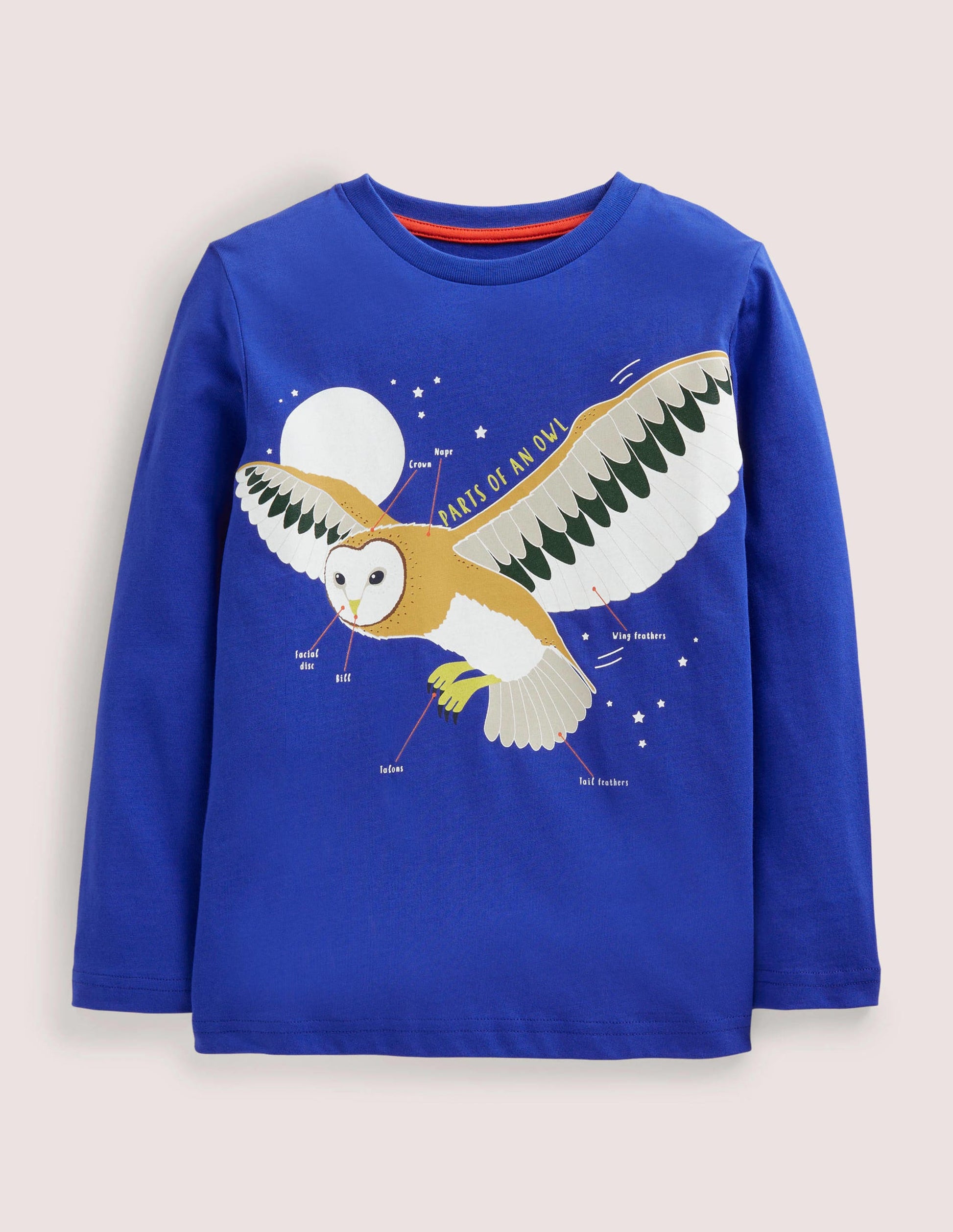 Blue Owl Print Long-Sleeved T-shirt-Chouette bleu brillant-1