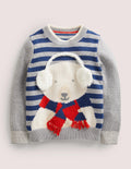 Pull à motif ours polaire 3D-Ours polaire rayé bleu marine/gris