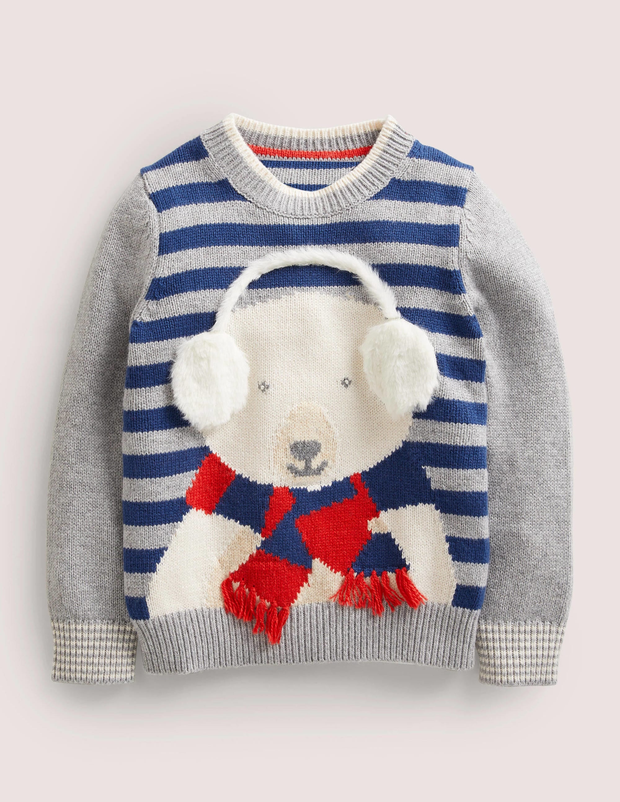 Pull à motif ours polaire 3D-Ours polaire rayé bleu marine/gris - Image 1