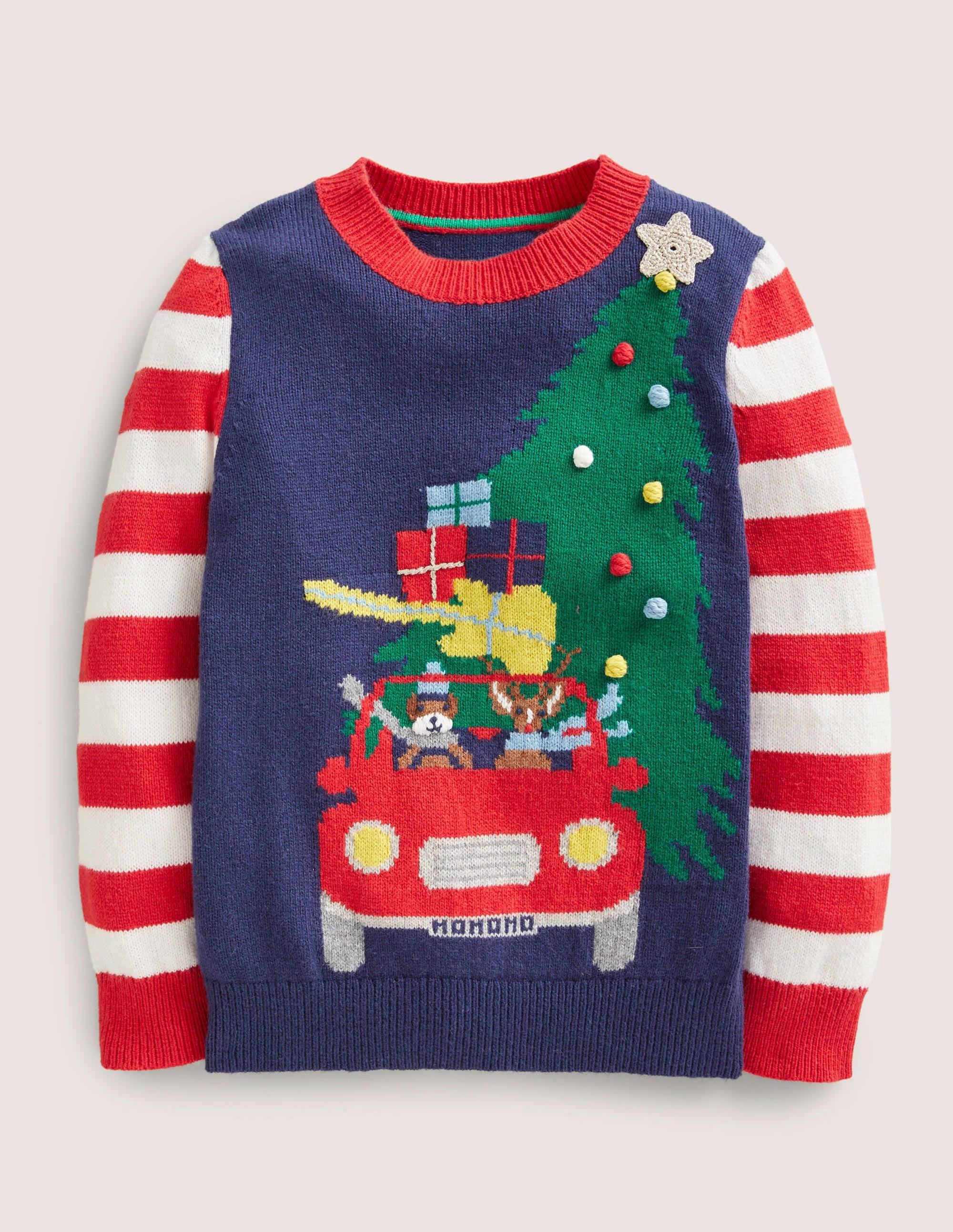 Navy Striped Christmas Jumper-Starboard Blue Xmas Tree - Image 1