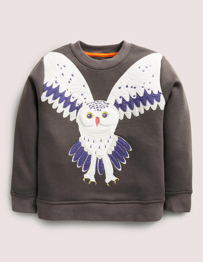 Sweatshirt mit Eulenapplikation-Rauchgrau, Eule-1