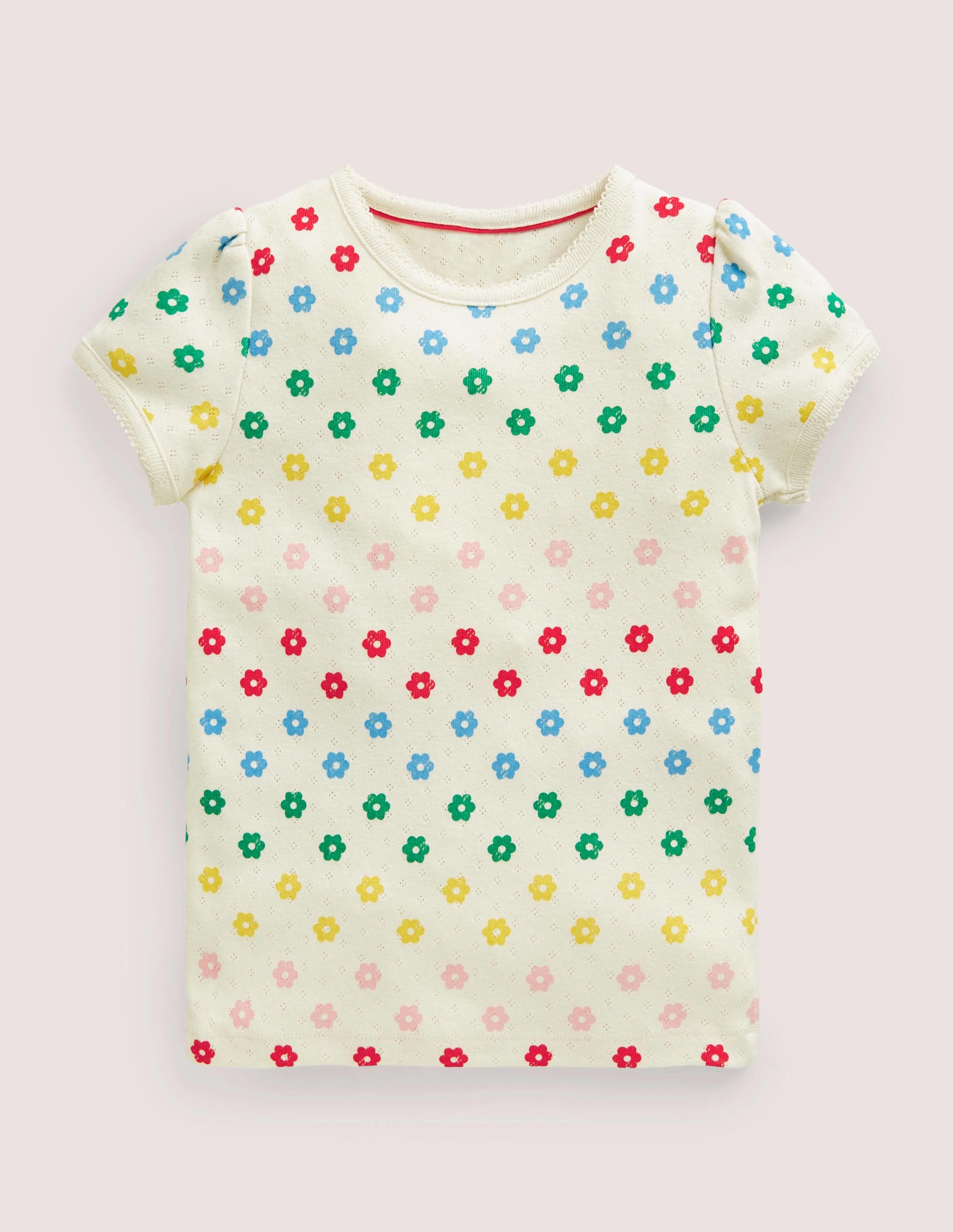 Short-Sleeved Pointelle Top-Ivory Rainbow Flowers - Image 1
