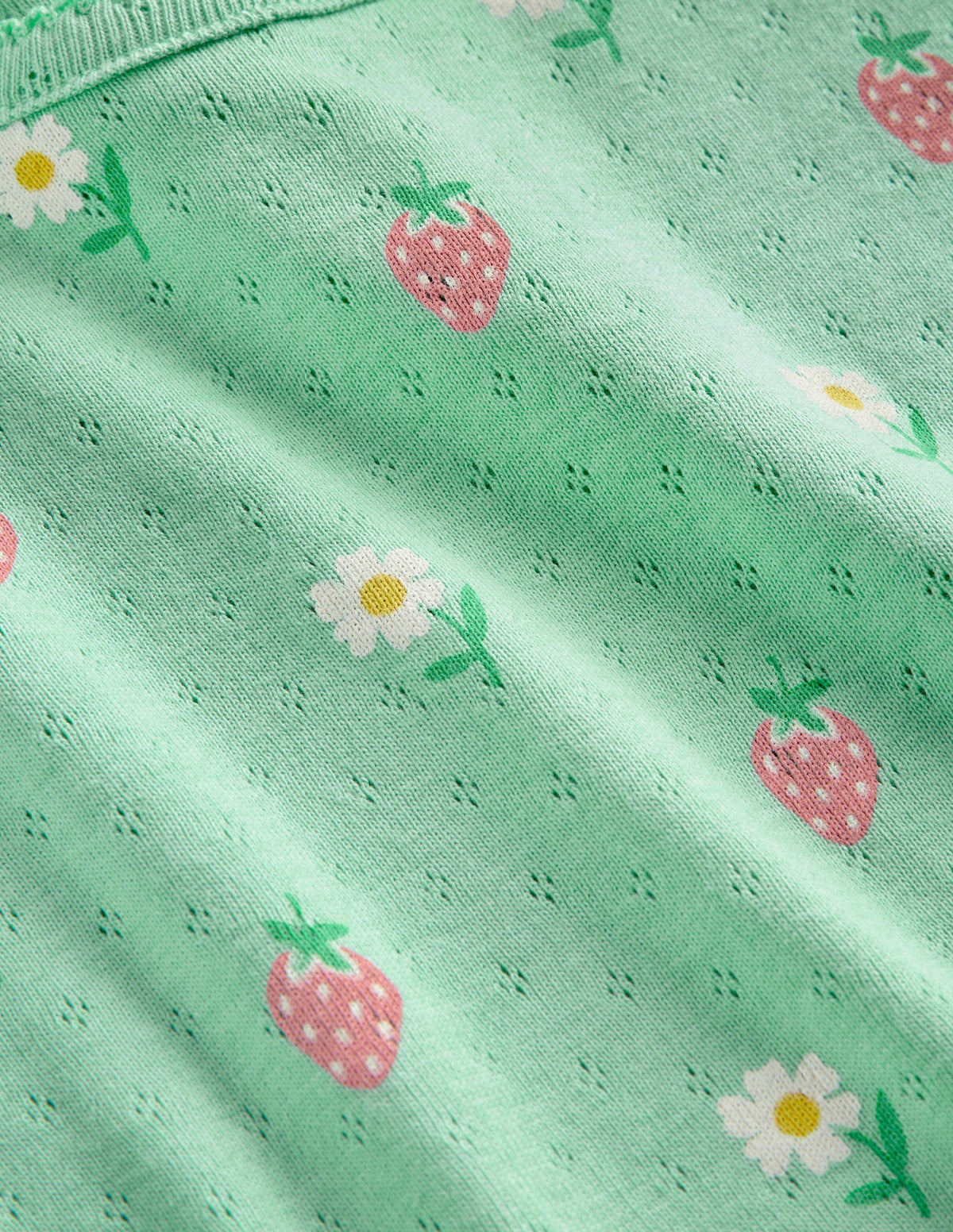 Kurzärmliges Pointelle-Oberteil-Grün, Gänseblümchen/Erdbeeren - Image 3