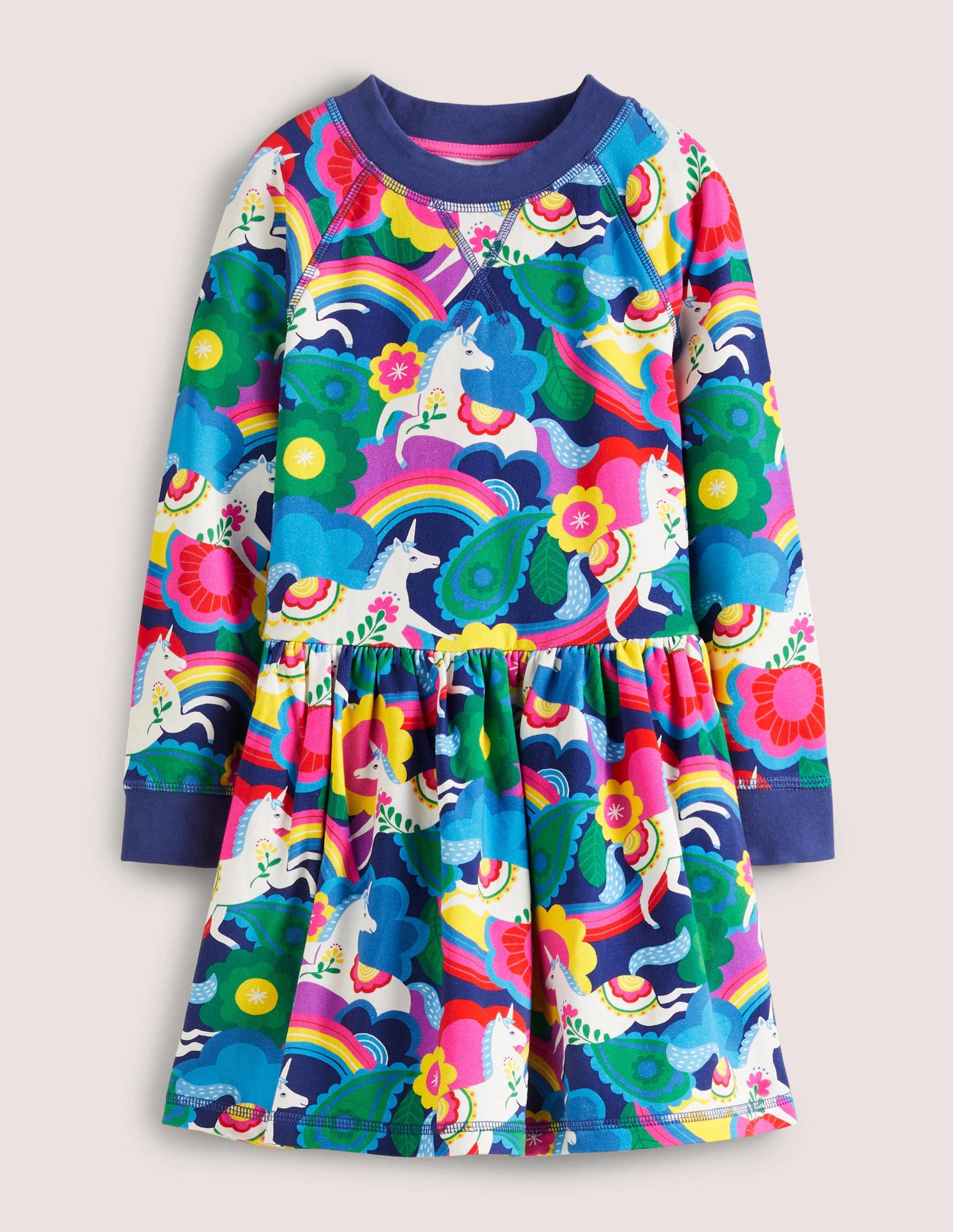 Navy Unicorn Print Sweatshirt Dress-Multi Flowerpatch Unicorns-1