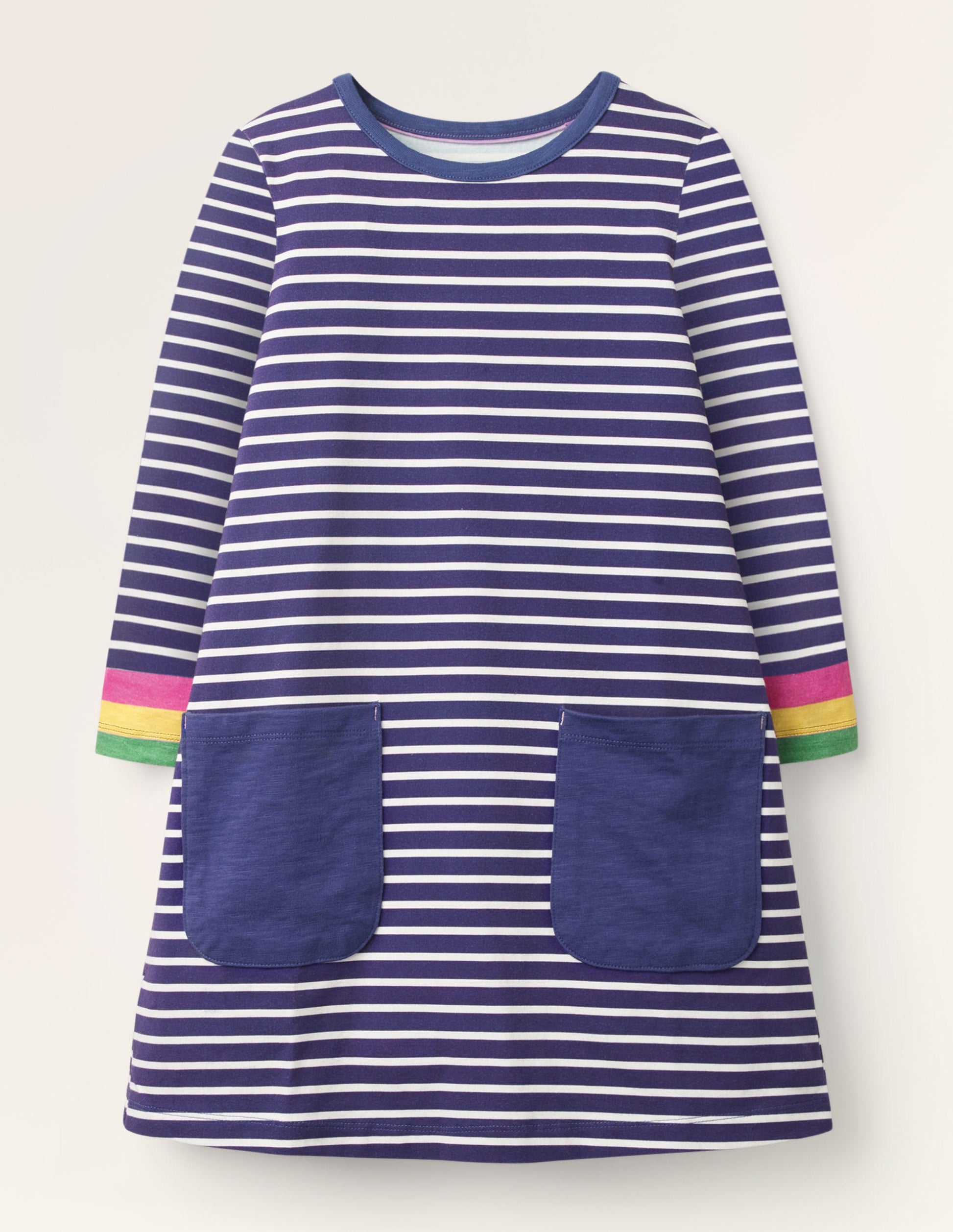 Fröhliches Jerseykleid mit Tasche-Segelblau, Regenbogenbündchen-1