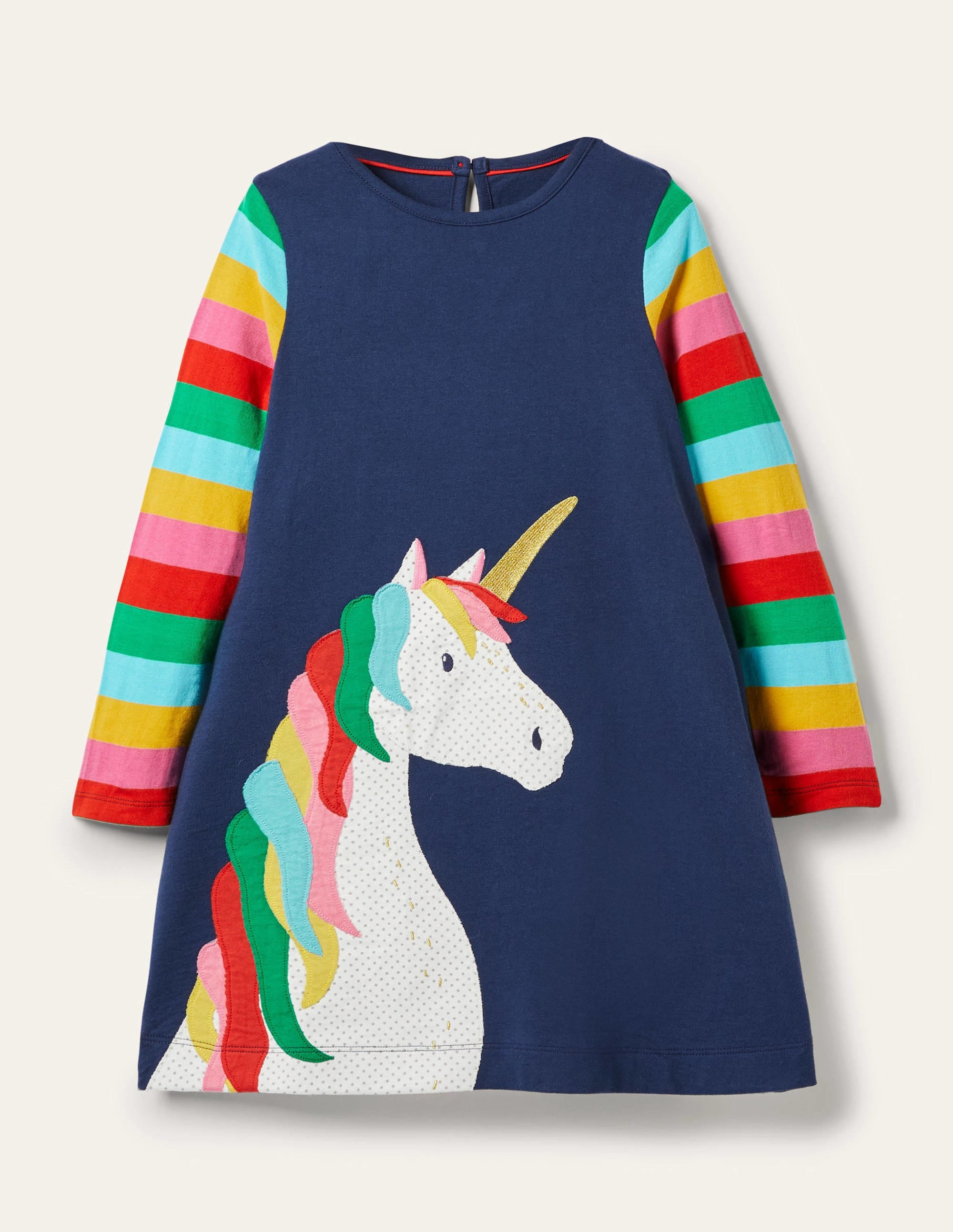 Navy Rainbow Unicorn Appliqué Dress-Schuluniform-Navy, Einhorn - Image 1