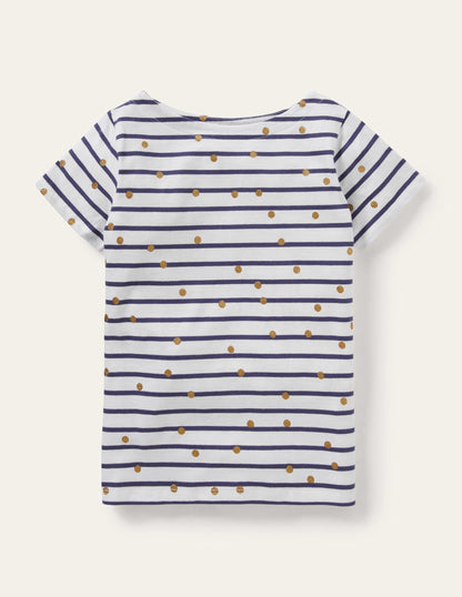 Kurzärmliges Bretonshirt-Naturweiß/Navy, Goldtupfen-1