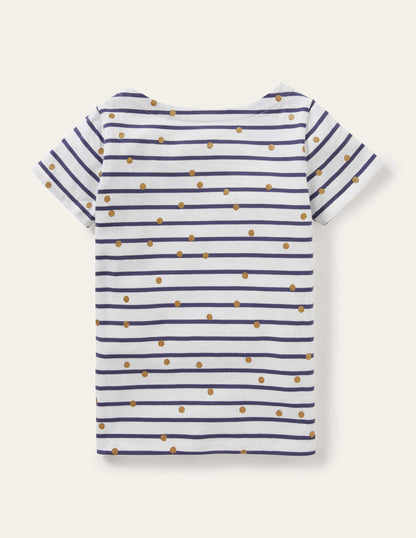 Kurzärmliges Bretonshirt-Naturweiß/Navy, Goldtupfen-2