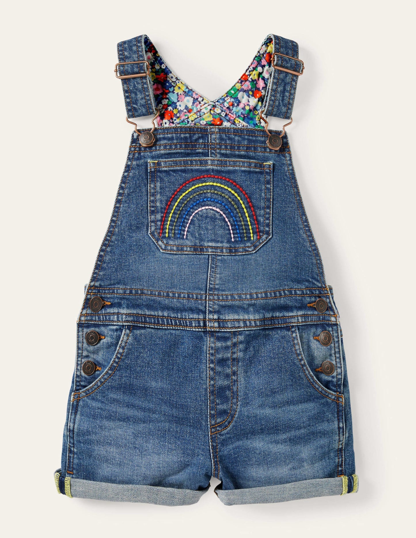 Fröhliche kurze Latzhose-Helles Vintageblau/Regenbogen, Denim