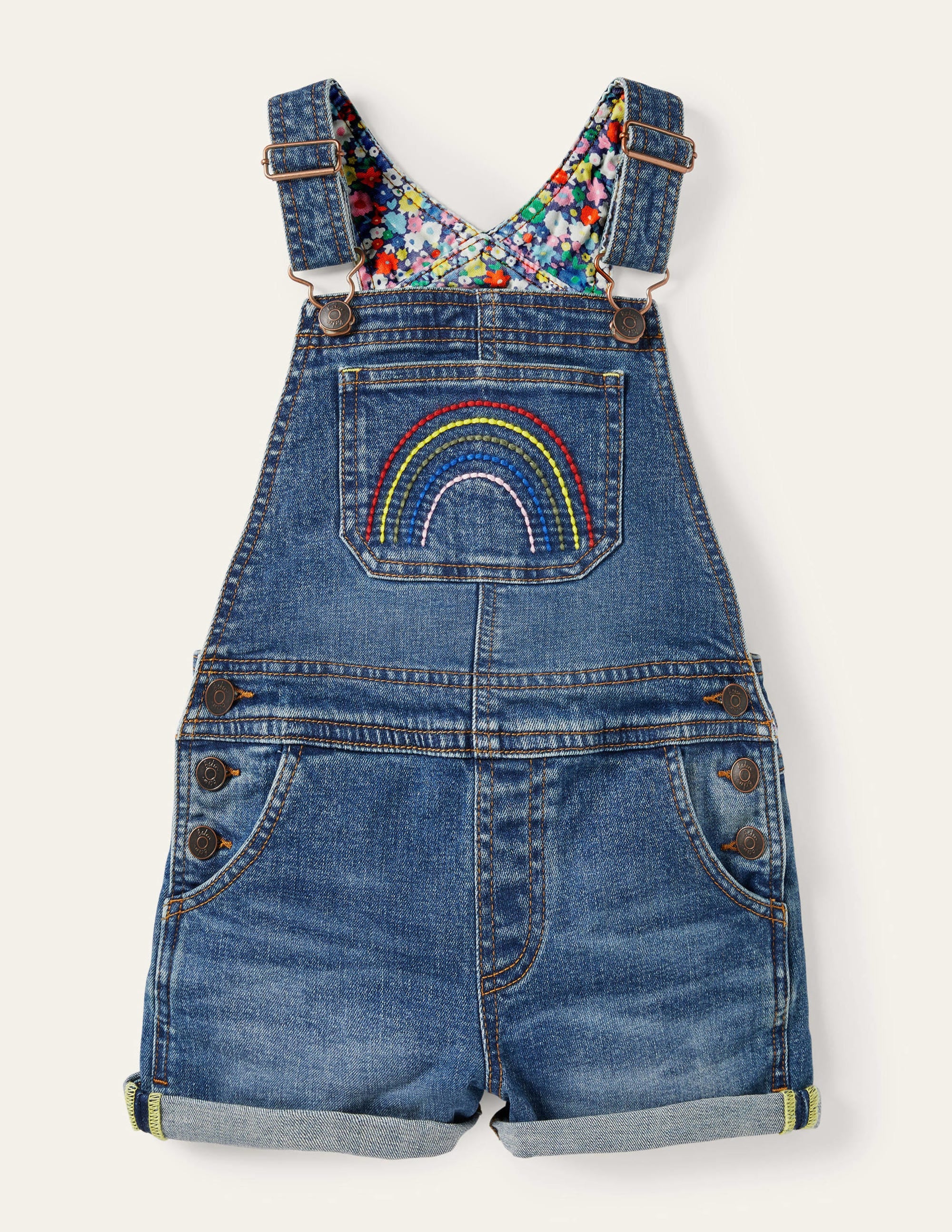 Fröhliche kurze Latzhose-Helles Vintageblau/Regenbogen, Denim - Image 1