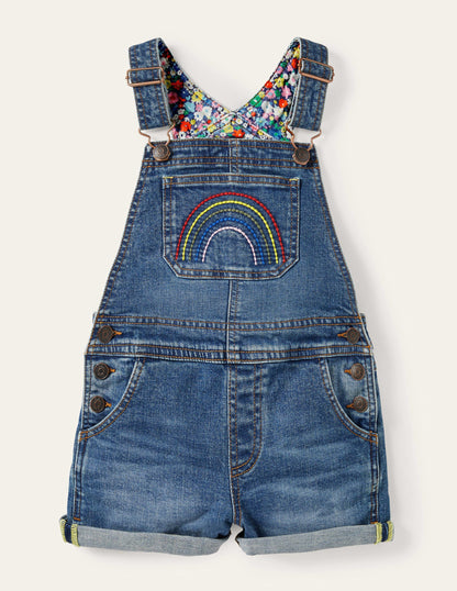 Fröhliche kurze Latzhose-Helles Vintageblau/Regenbogen, Denim-1