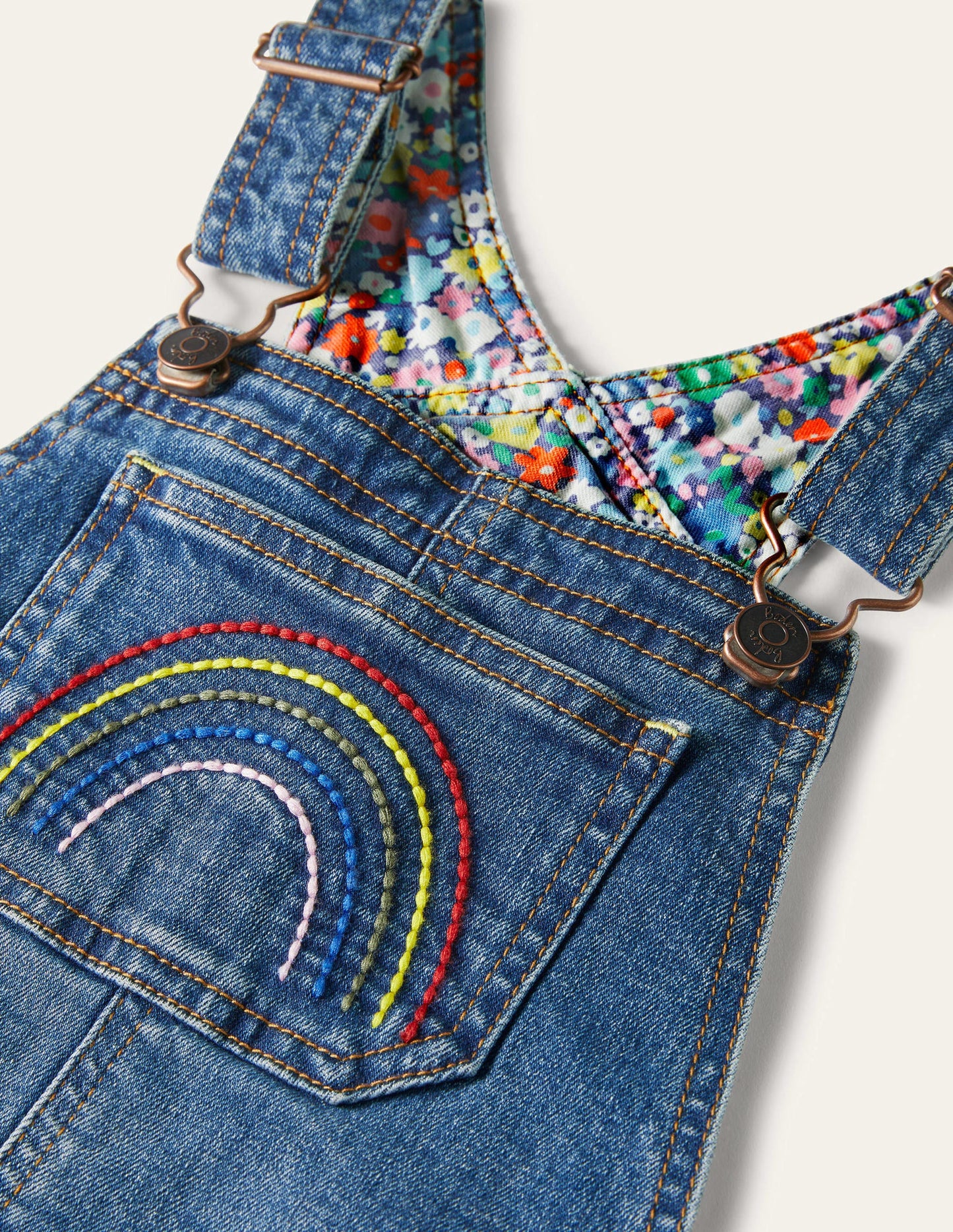 Fröhliche kurze Latzhose-Helles Vintageblau/Regenbogen, Denim