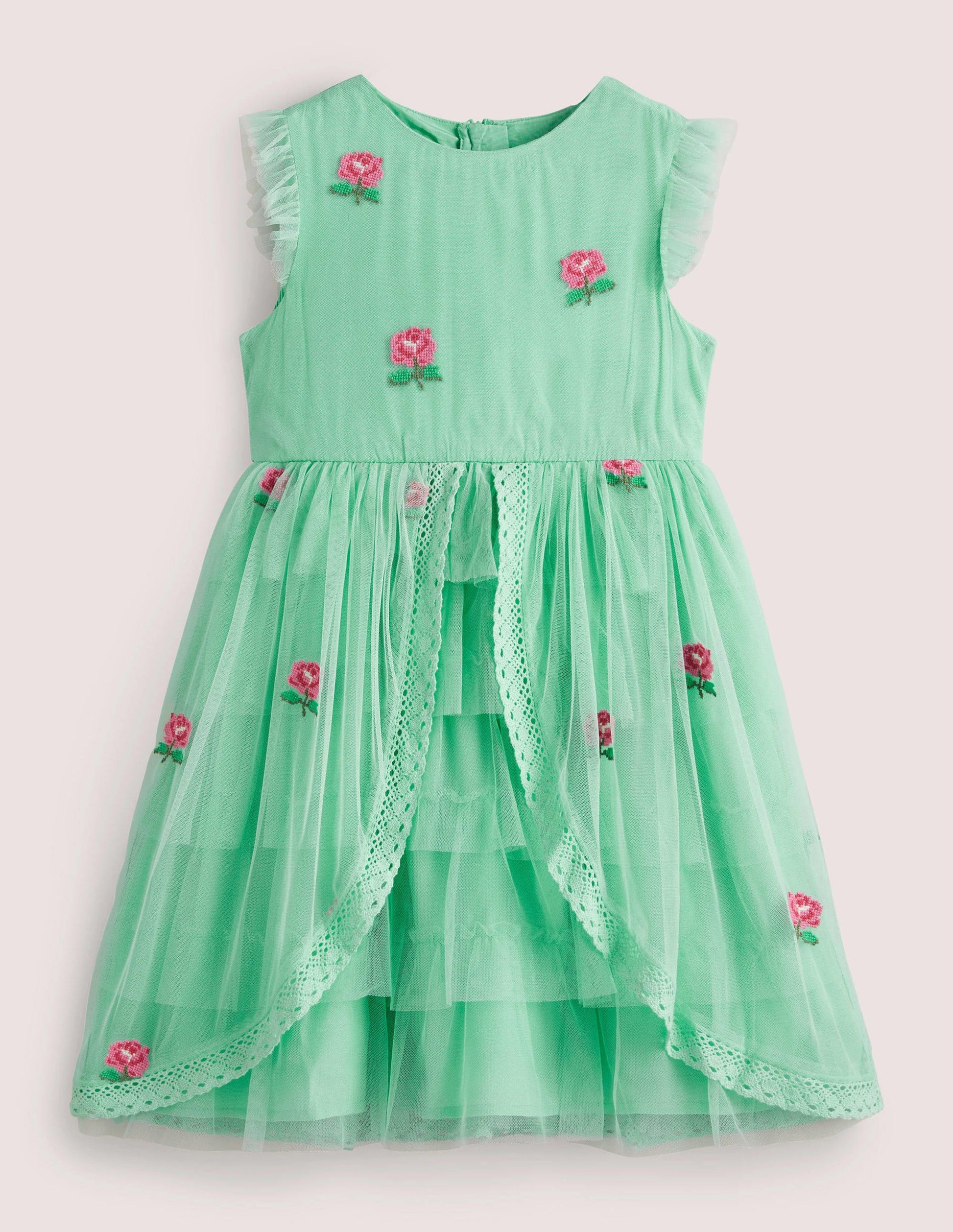 Tüll-Stufenkleid mit Stickerei-Brunnengrün, Blumen-1