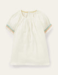 T-shirt à manches raglan et smocks-Blanc