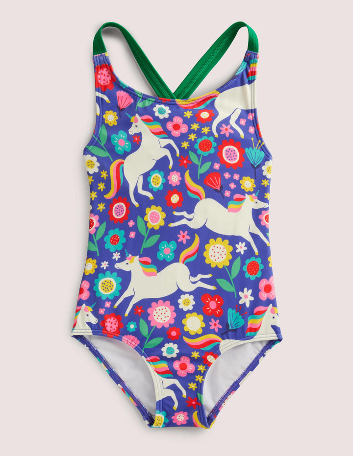 Cross-back Printed Swimsuit-Bluebell Unicorn Floral