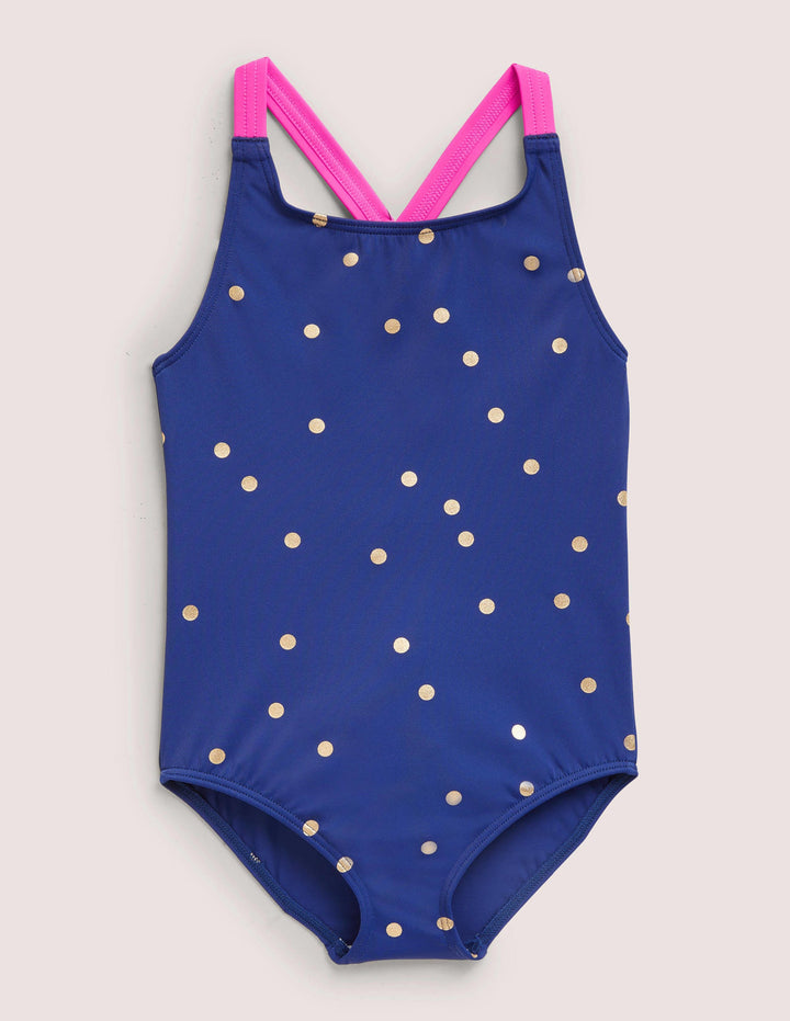 Cross-back Printed Swimsuit-Harmony Blue Gold Spot