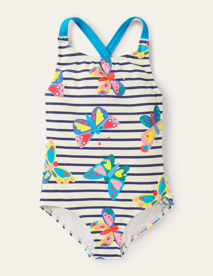 Cross-back Printed Swimsuit-Multi Butterfly Breton