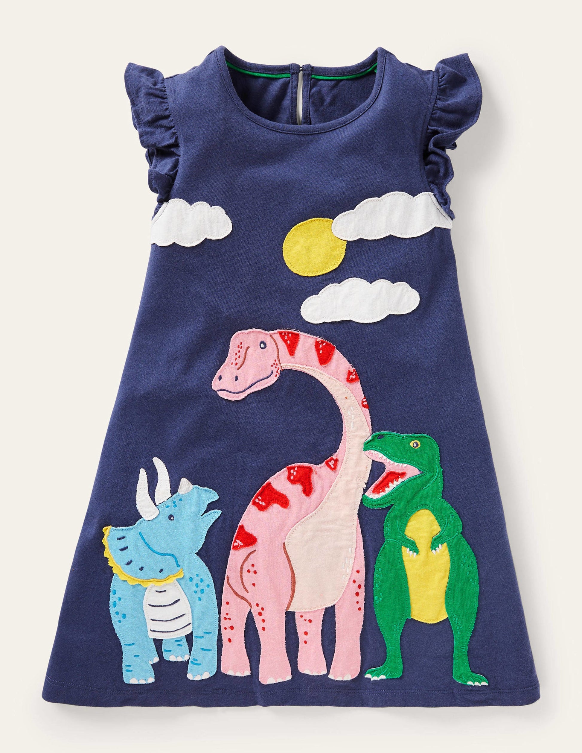 Kleid mit Rüschenärmeln und Applikation-Dunkles Segelblau, Dinosaurier-1