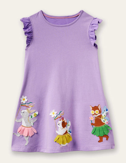 Lilac Frill Sleeve Appliqué Dress-Asternviolett, Tutu-Tiere