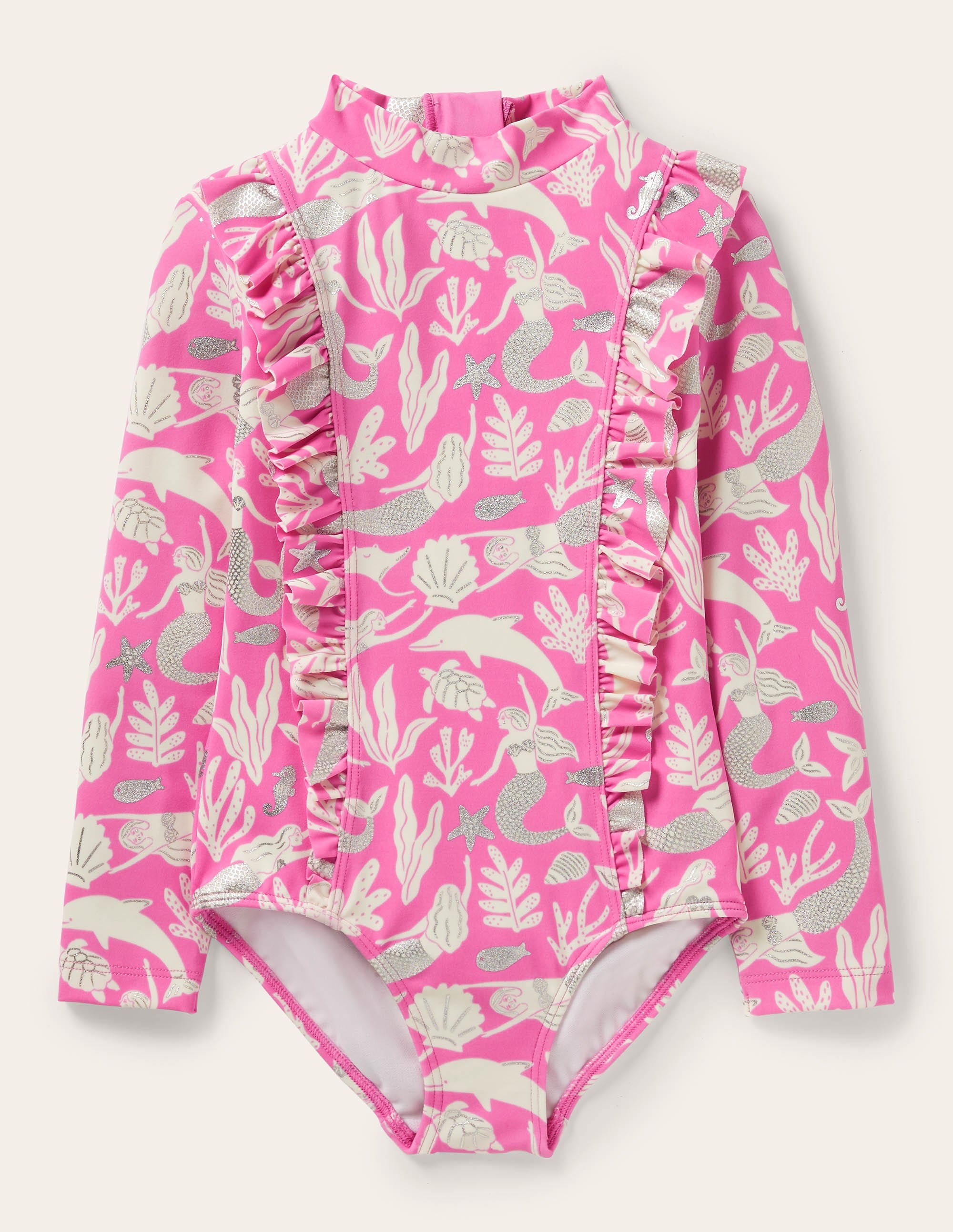 Langärmliger Badeanzug mit Rüschen-Erdbeereisrosa, Meerjungfrau - Image 1