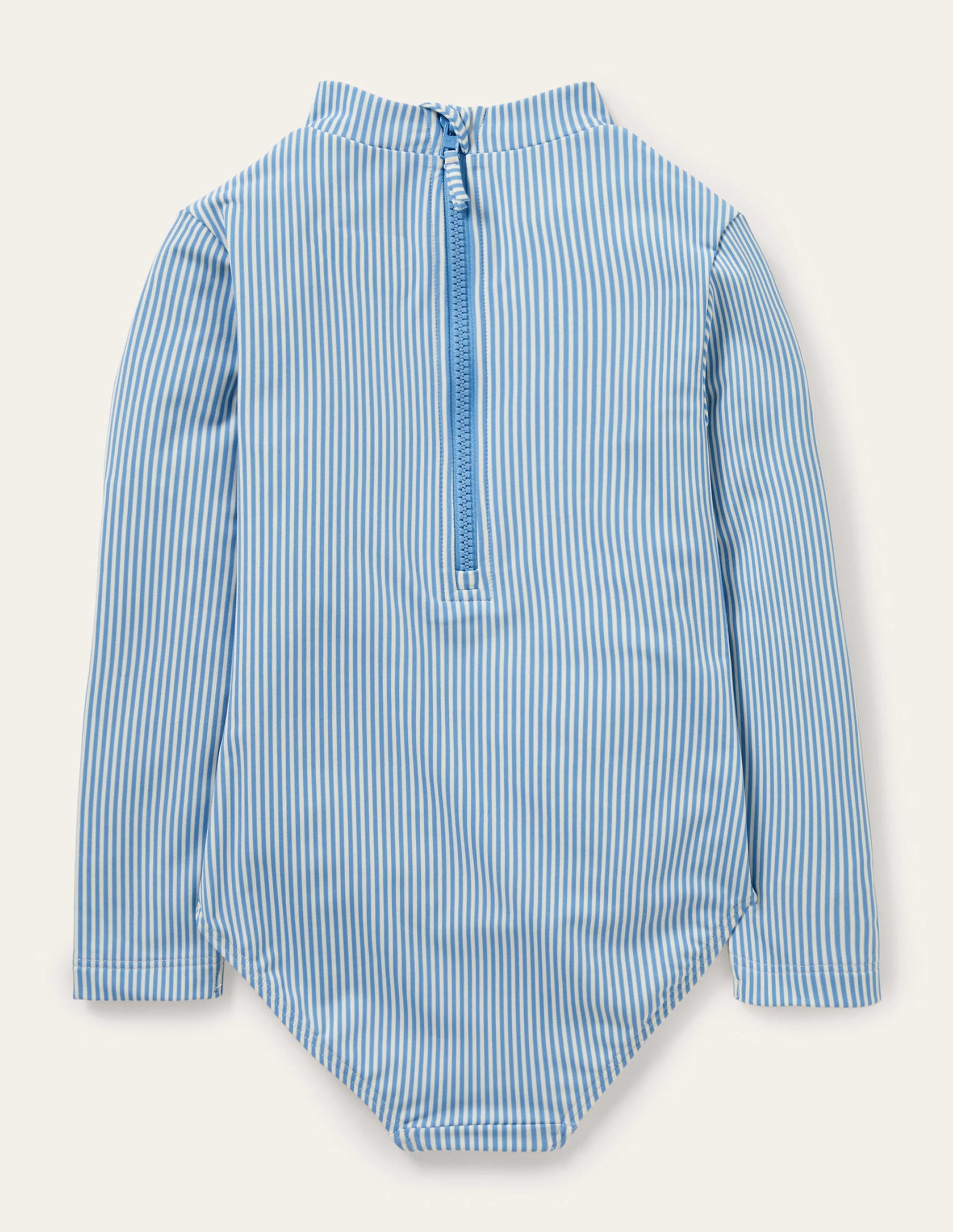 Langärmliger Badeanzug mit Rüschen-Surfbrettblau, Feine Streifen-2