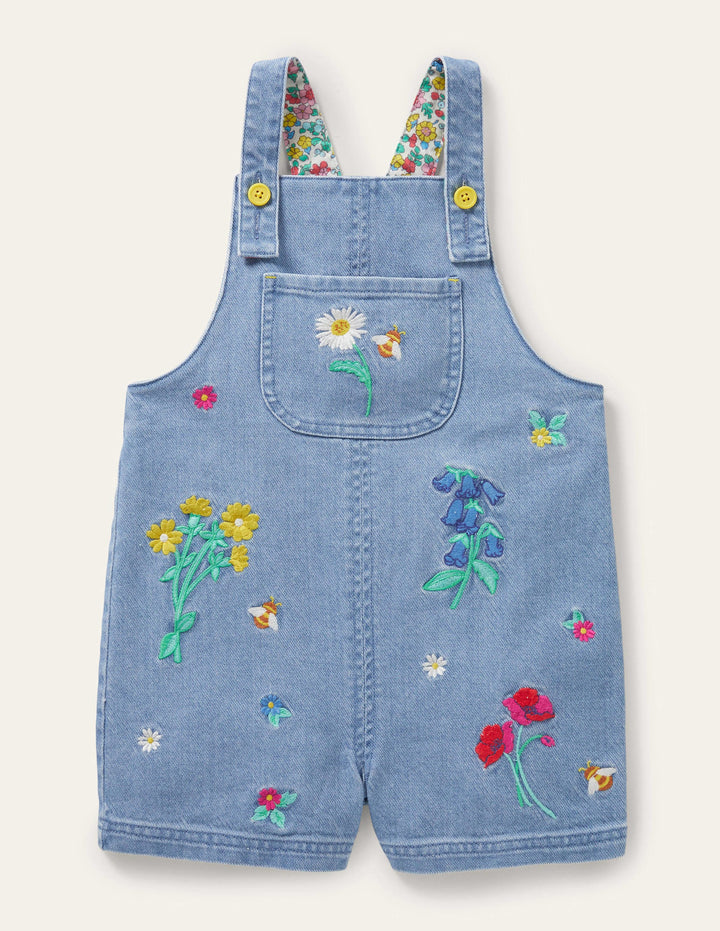 Embroidered Short Dungaree-Mid Vintage Denim Floral
