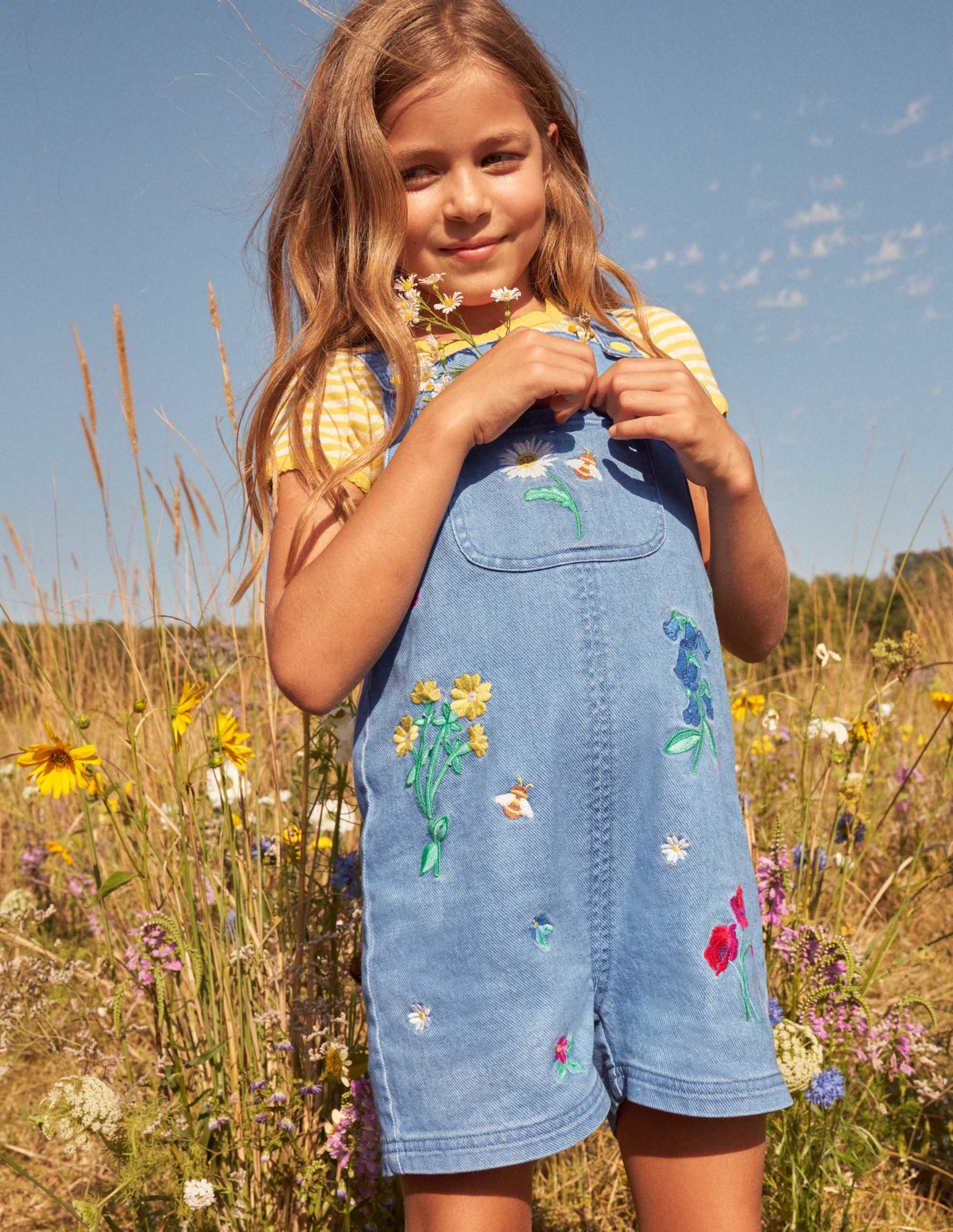 Salopette courte brodée-Denim floral vintage moyen-5