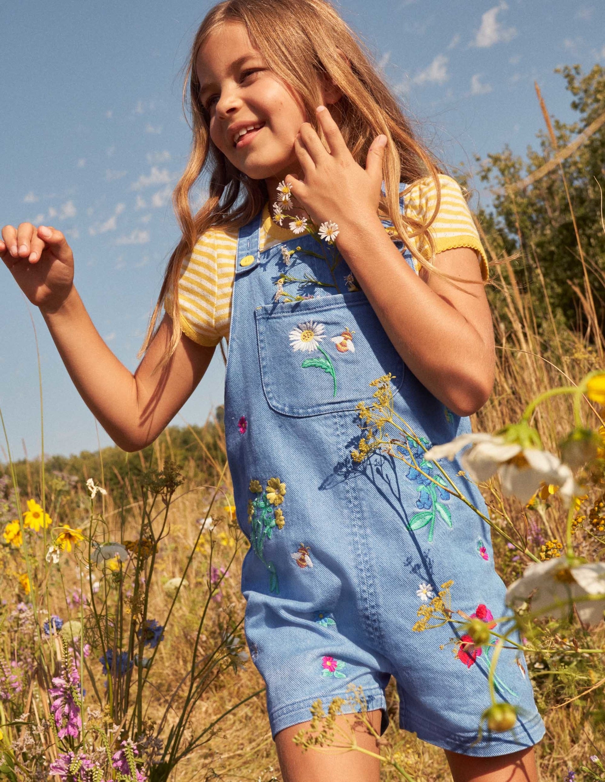 Salopette courte brodée-Denim floral vintage moyen-7