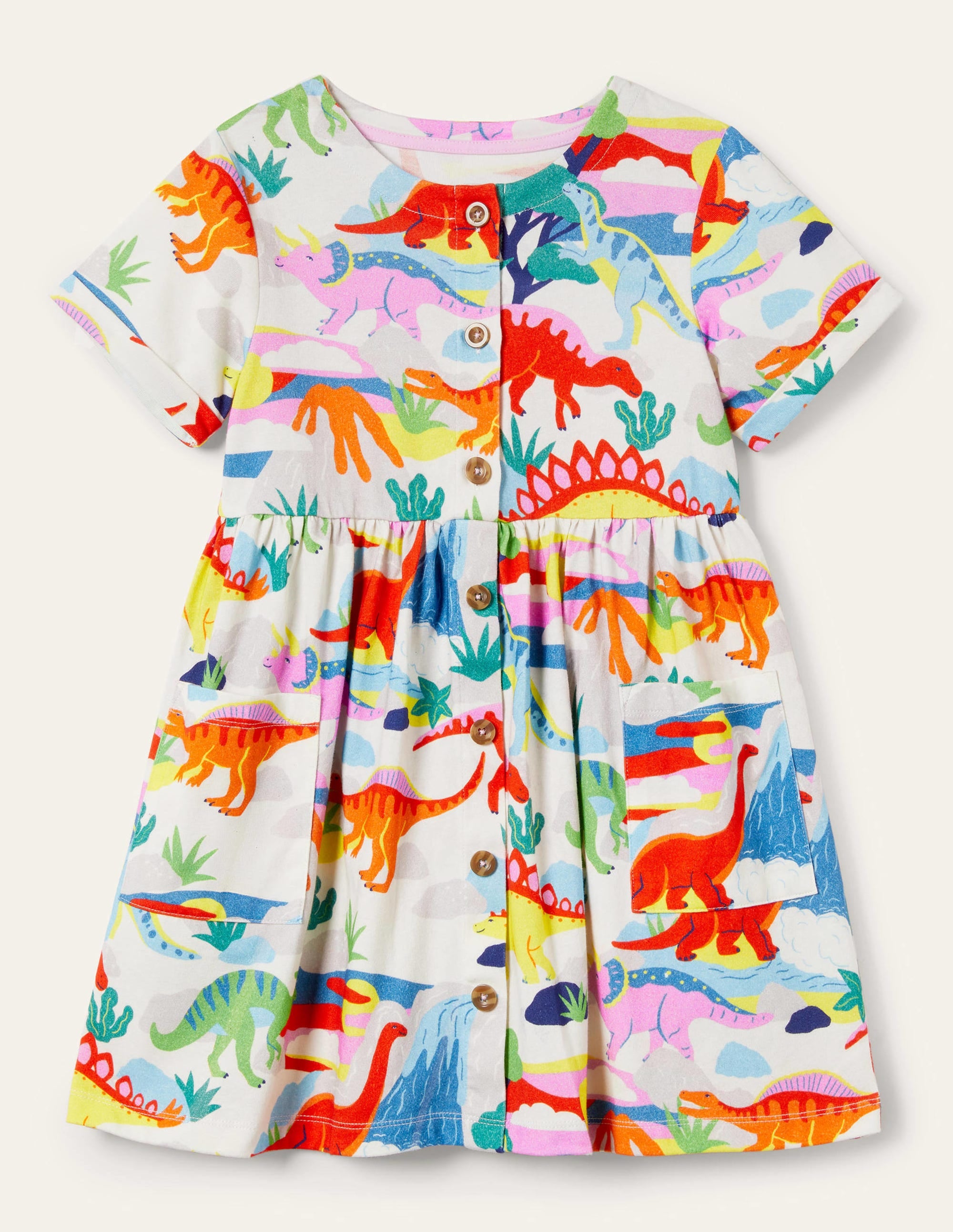 Jerseykleid mit Knopfleiste-Naturweiß, Dinosaurier/Sonnenuntergang - Image 1