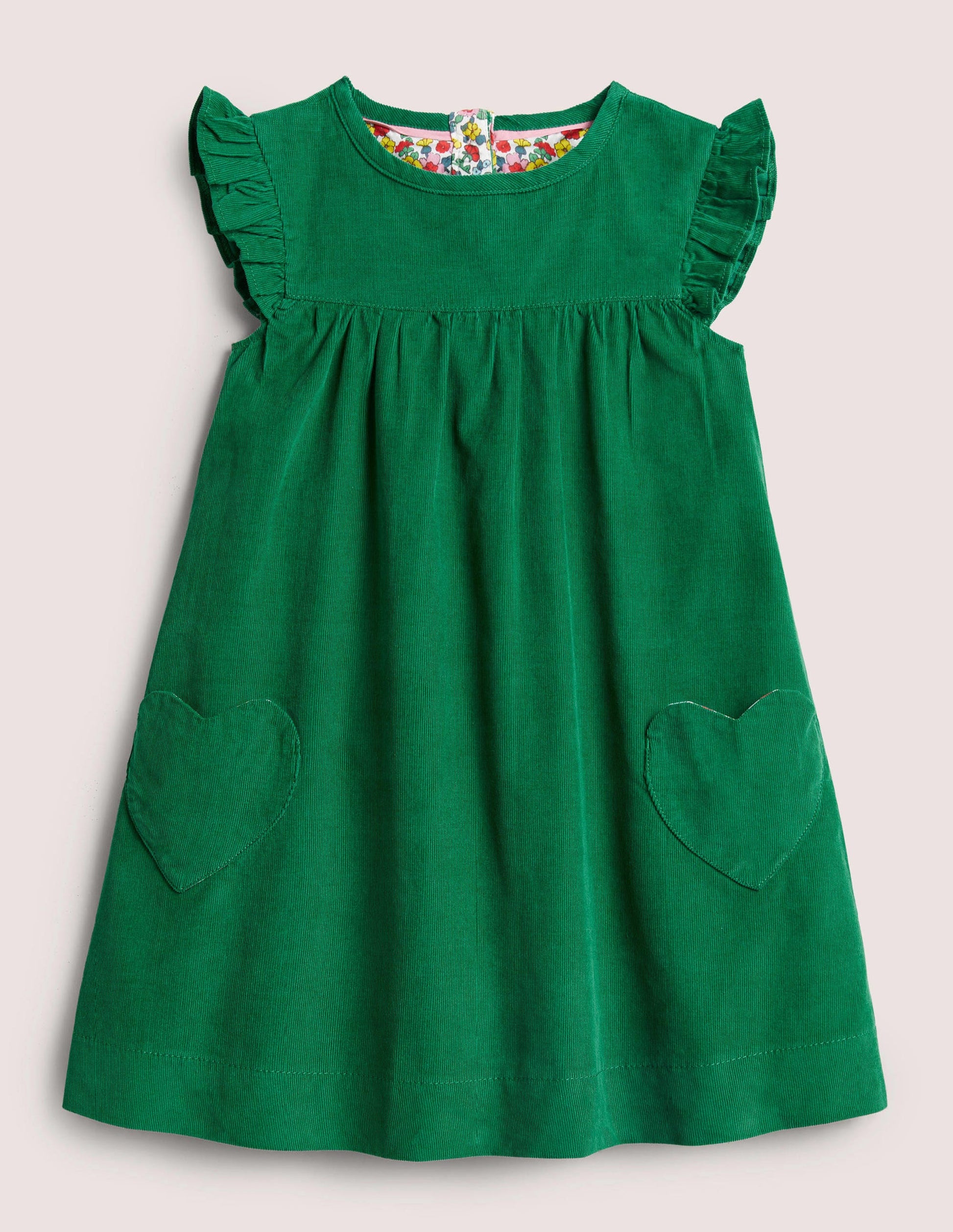 Green Love Heart Frill Sleeve Cord Dress-Olivgrün-1