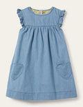 Denim Love Heart Frill Sleeve Dress-Mittleres Vintageblau, Denim