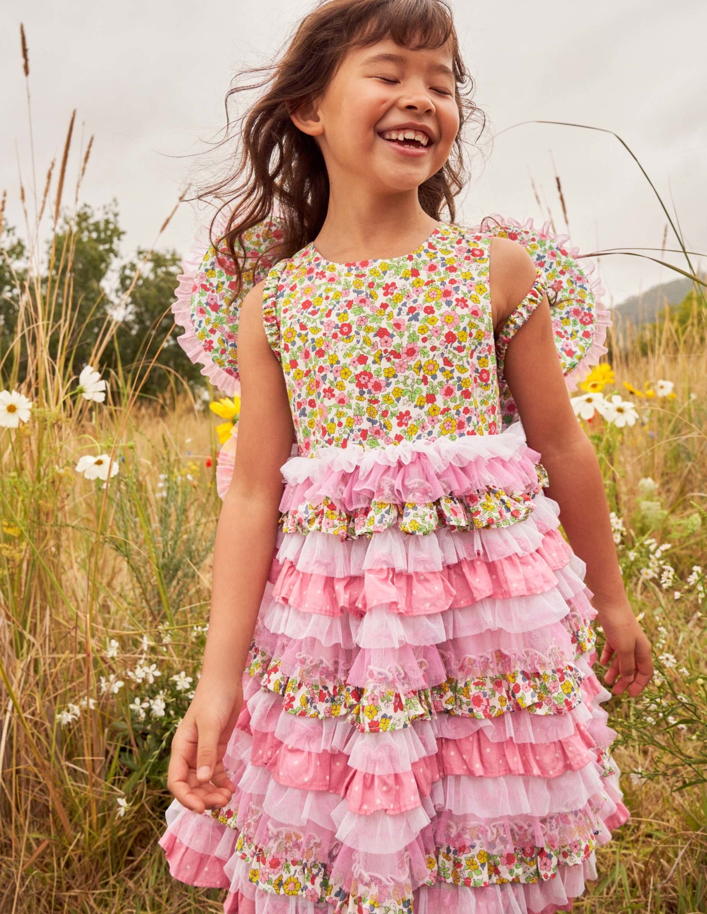 Gerüschtes Tüllkleid-Kirschblütenrosa/Naturweiß, Kleines Blumenmuster