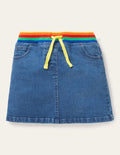 Rib Waist Denim Skirt-Mid Vintage Denim