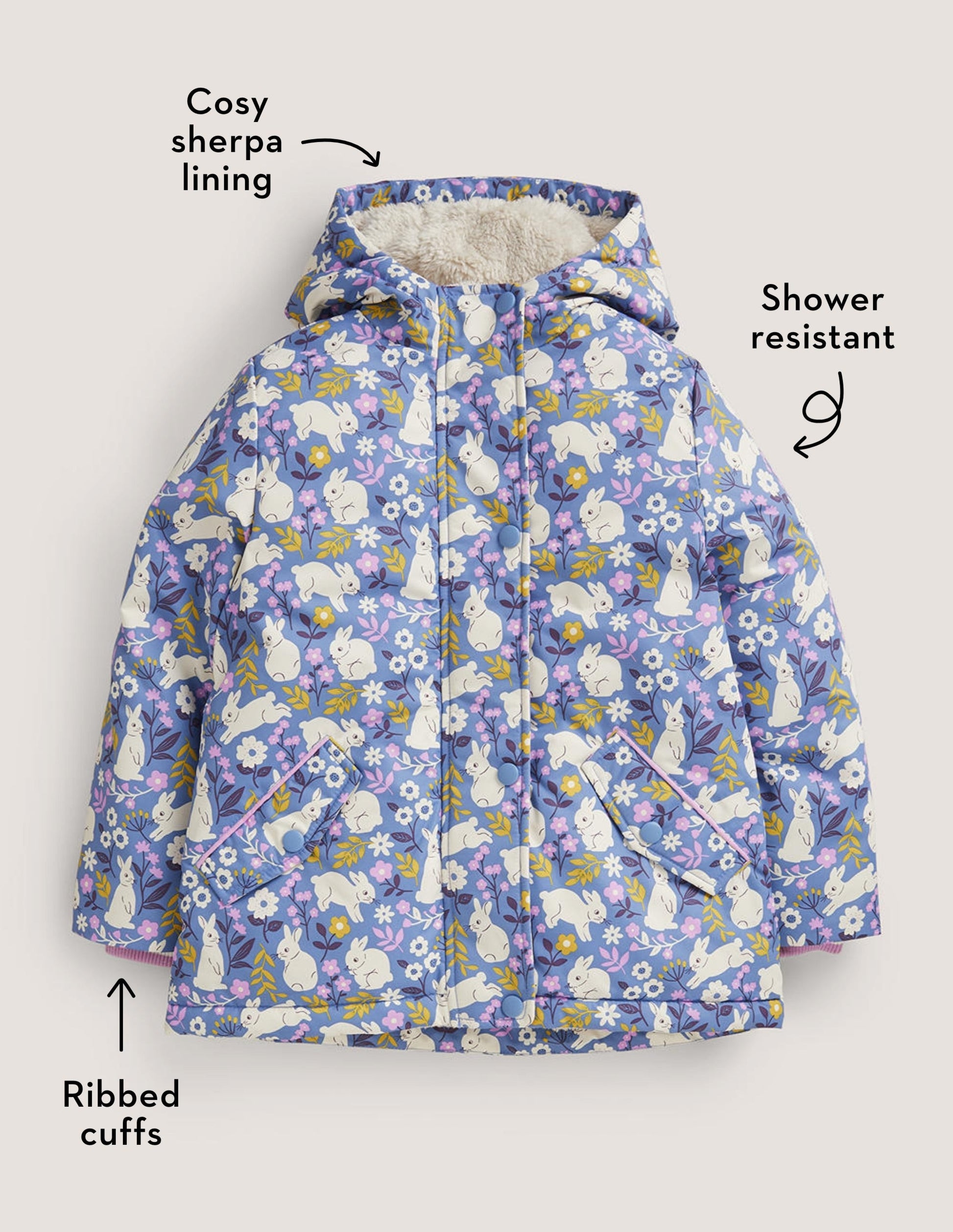Blue Bunny Print Sherpa-Lined Anorak-Rivierablau, Häschen im Feld-4