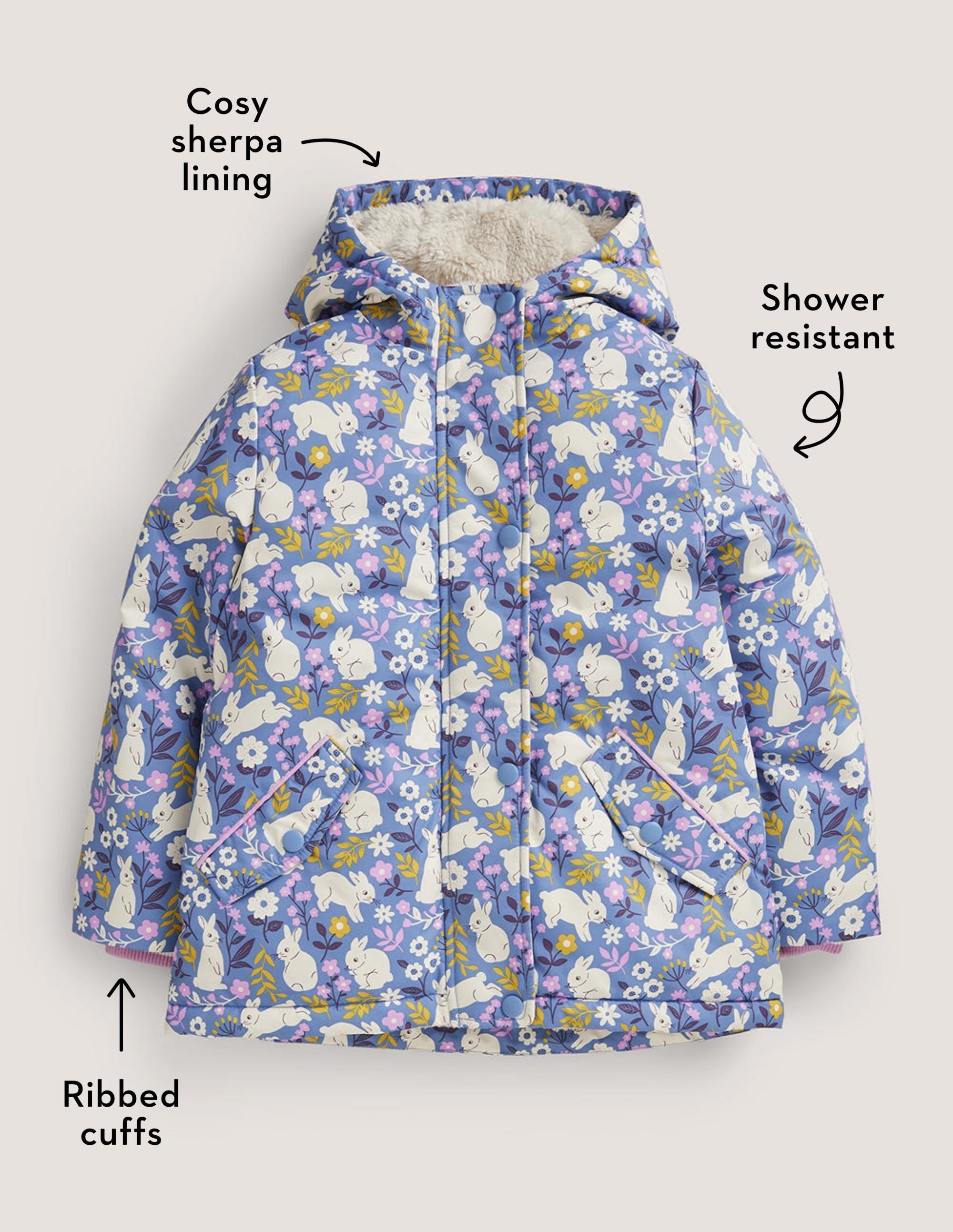 Blue Bunny Print Sherpa-Lined Anorak-Rivierablau, Häschen im Feld - Image 4