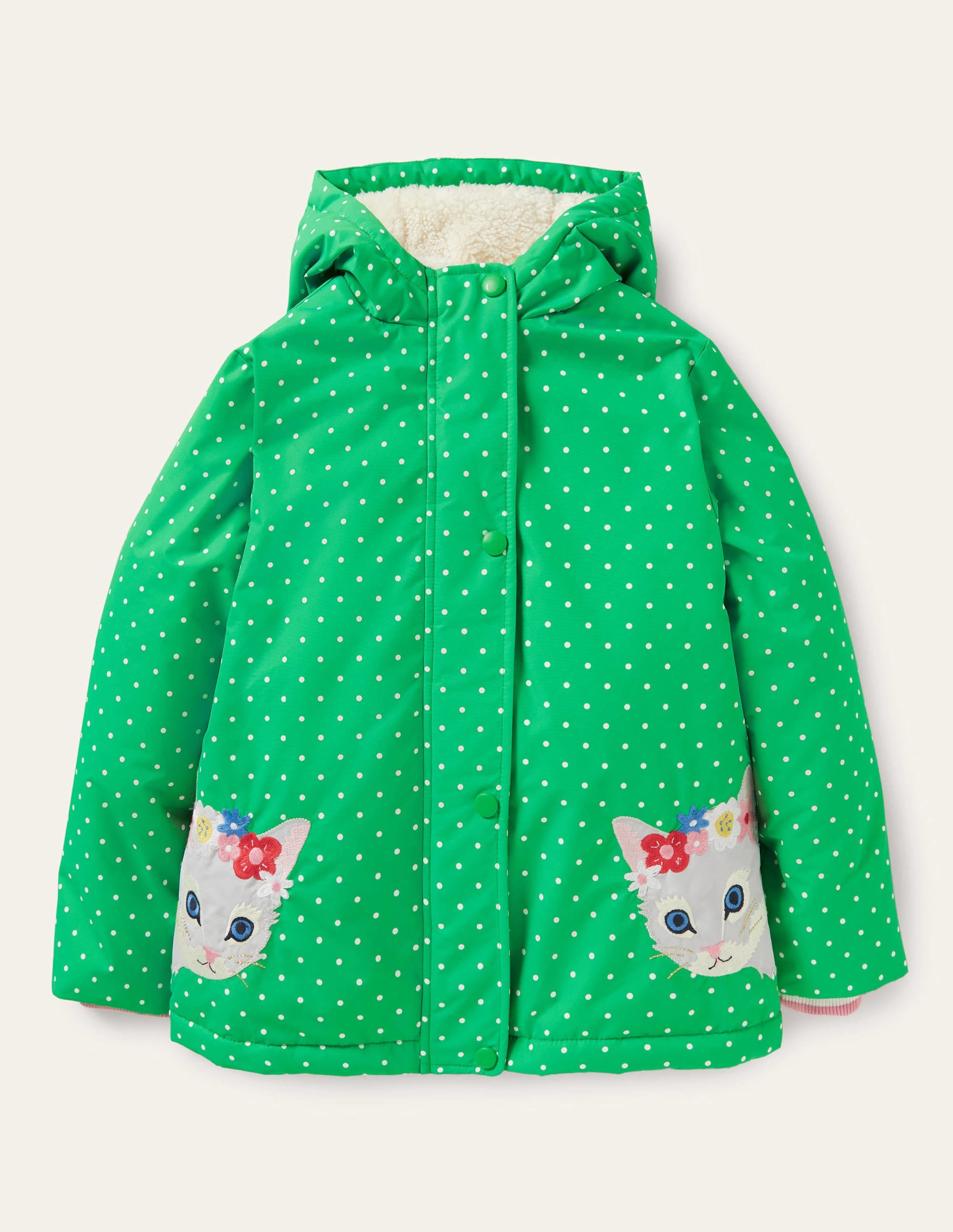 Green Polka Dot Sherpa Lined Anorak-Aloe-Vera-Grün, Pünktchen/Katzen - Image 1