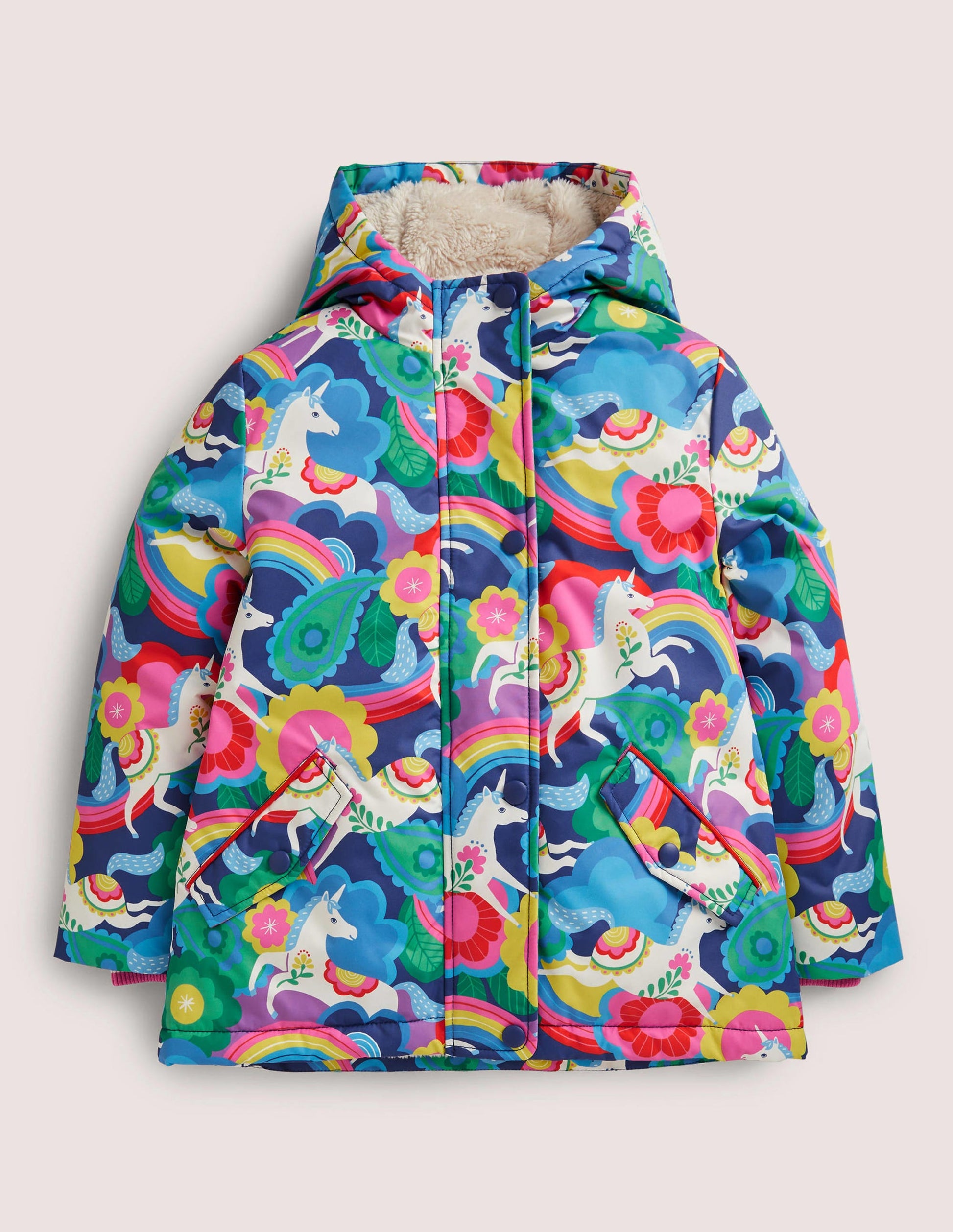 Navy Unicorn Print Sherpa Lined Anorak-Motif licornes et fleurs multi-1