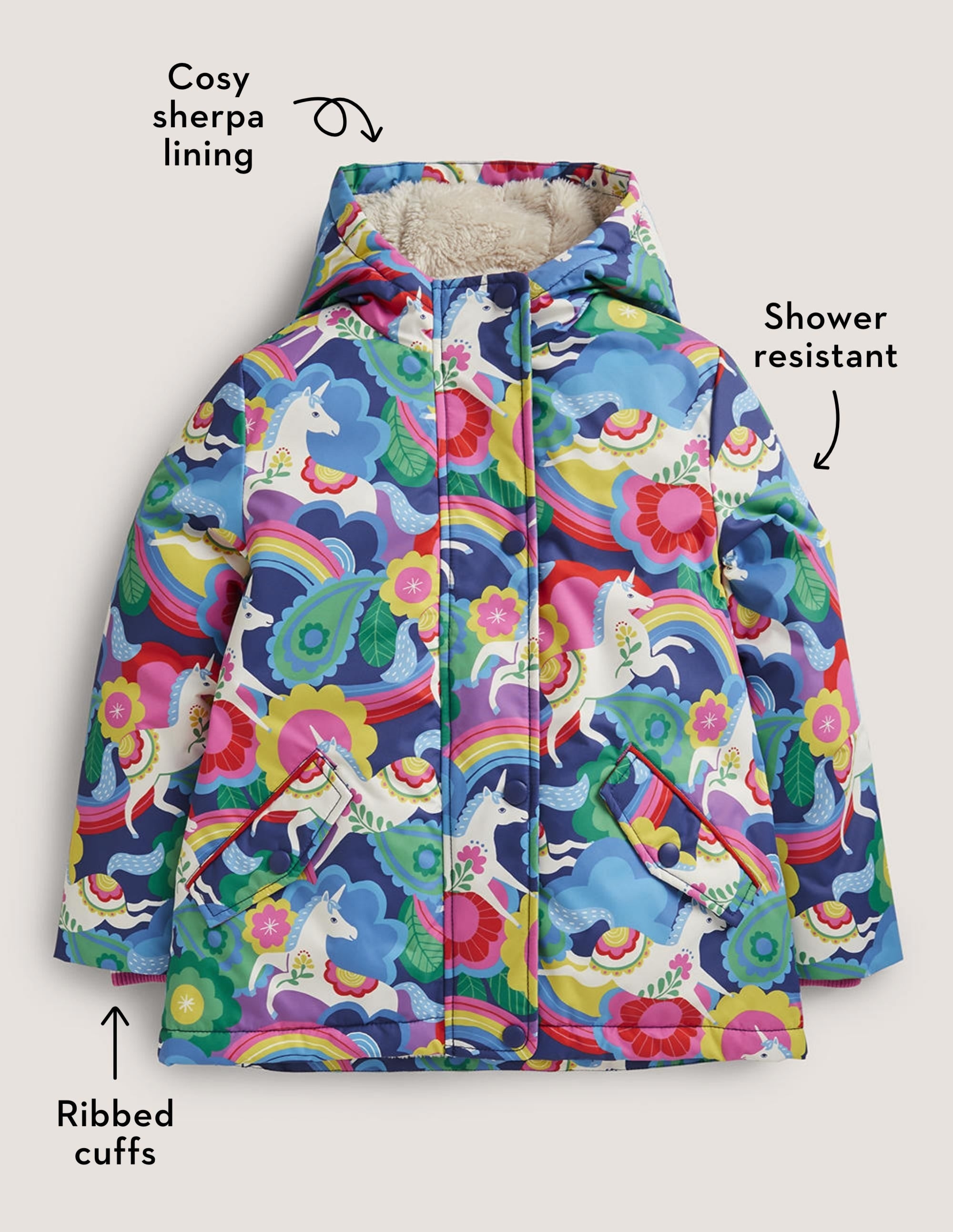Navy Unicorn Print Sherpa Lined Anorak-Motif licornes et fleurs multi - Image 6