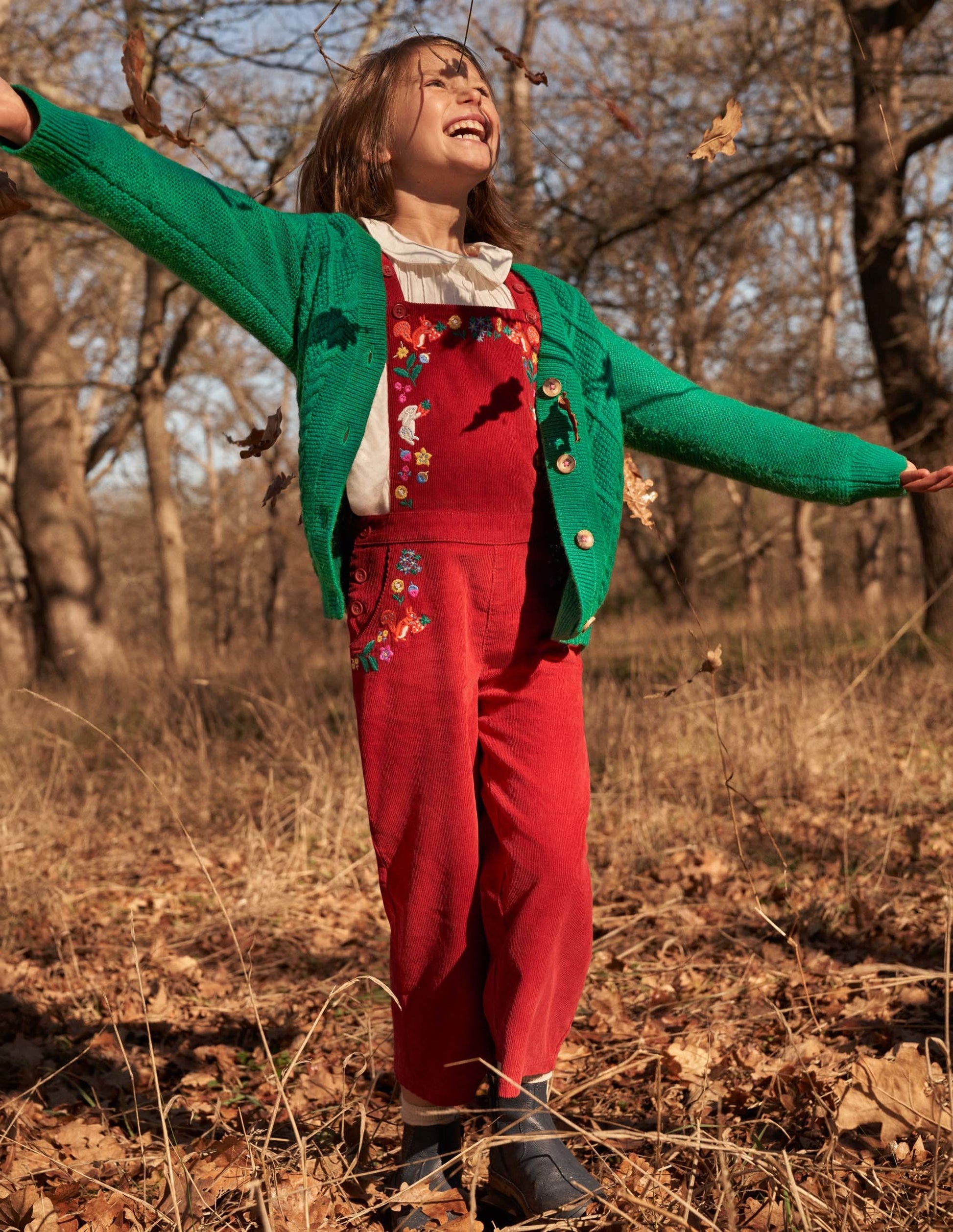 Embroidered Cord Dungarees-Russet Red Embroidery-4