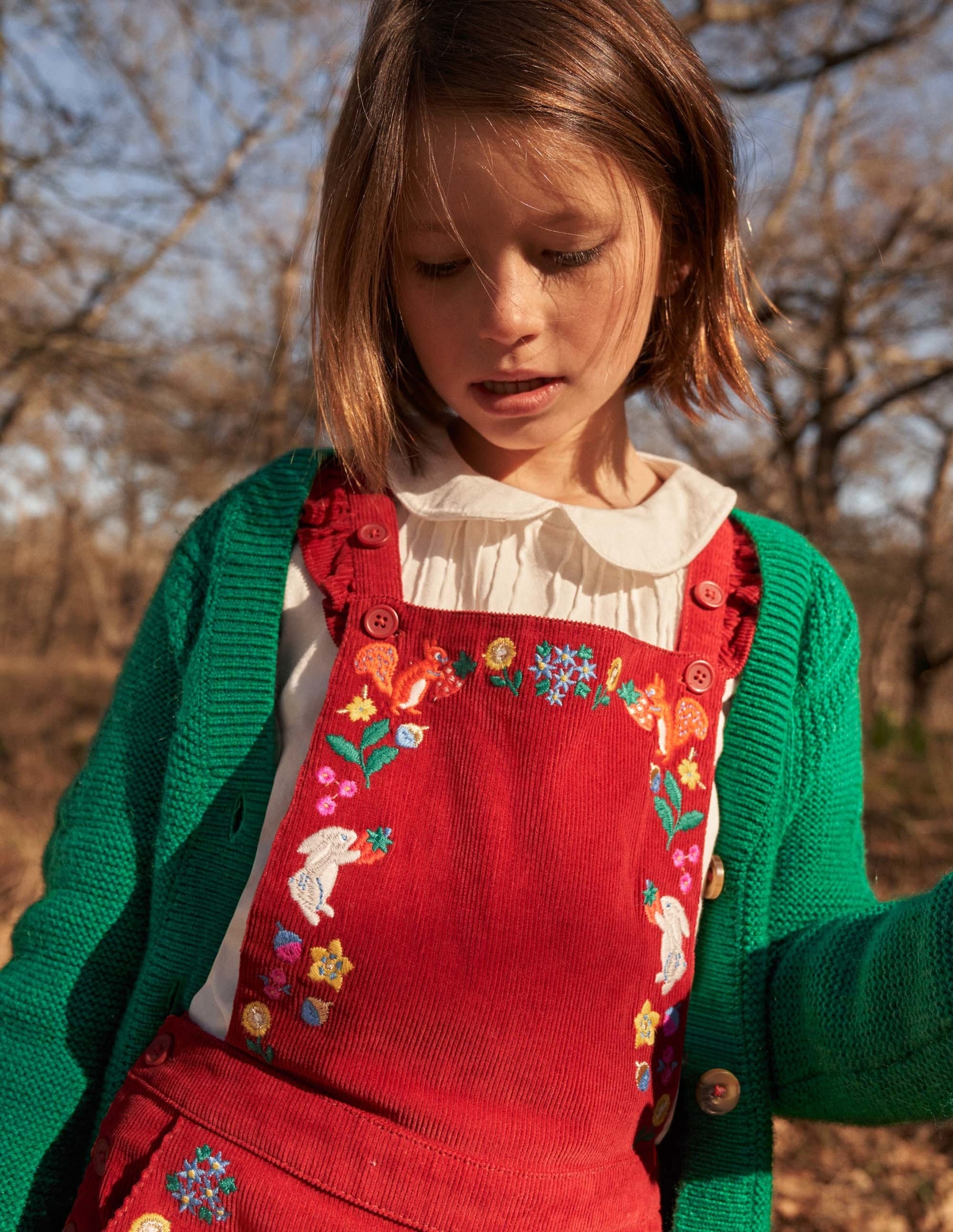 Embroidered Cord Dungarees-Russet Red Embroidery-5