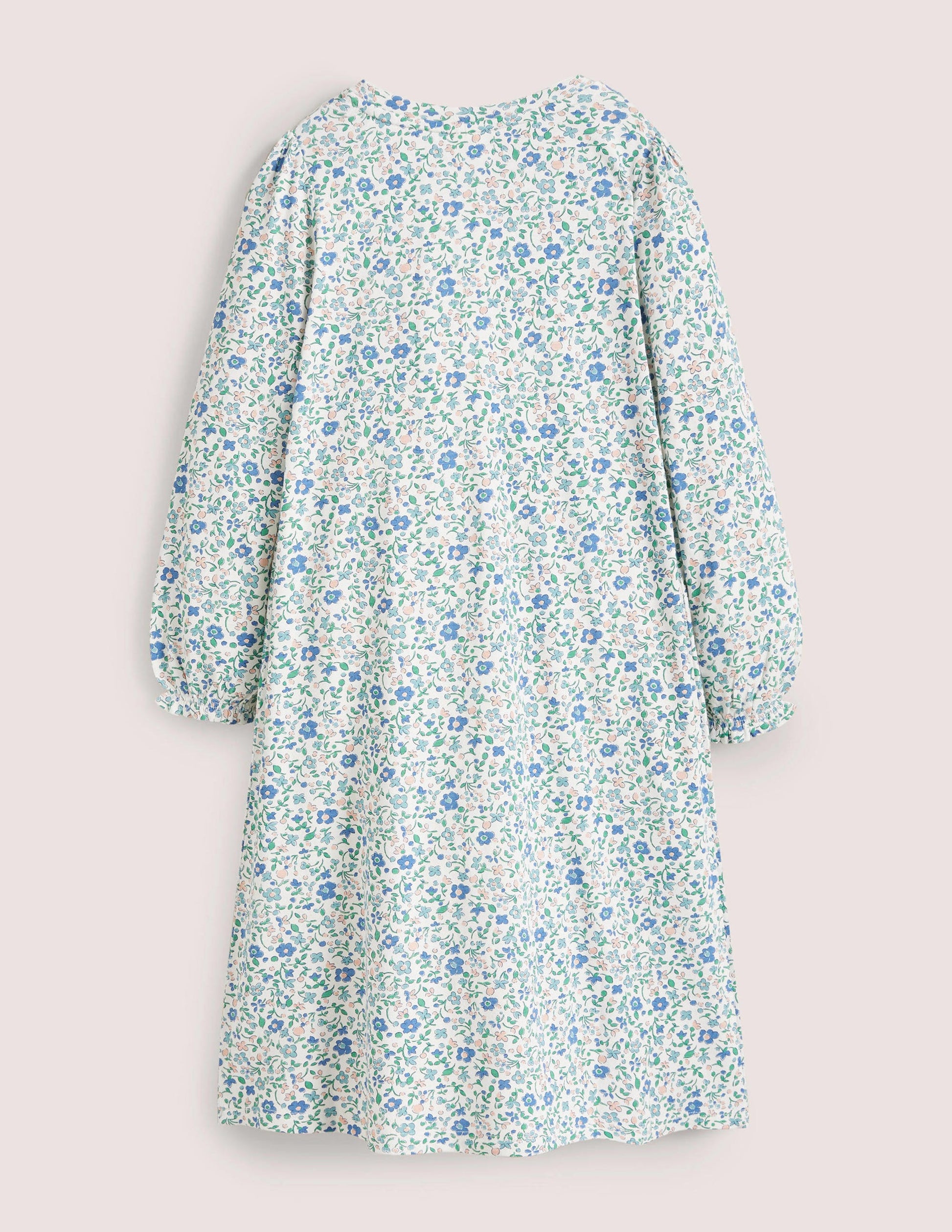 Gemustertes Nachthemd mit langen Ärmeln-Naturweiß/Blau, Kleines Blumenmuster-2