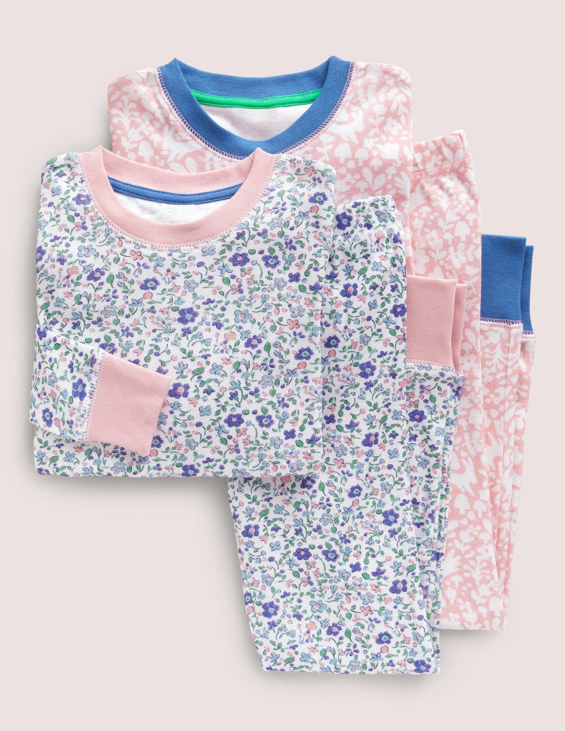 2 bas de pyjamas longs-Motif petites fleurs ivoire/rose boto-1