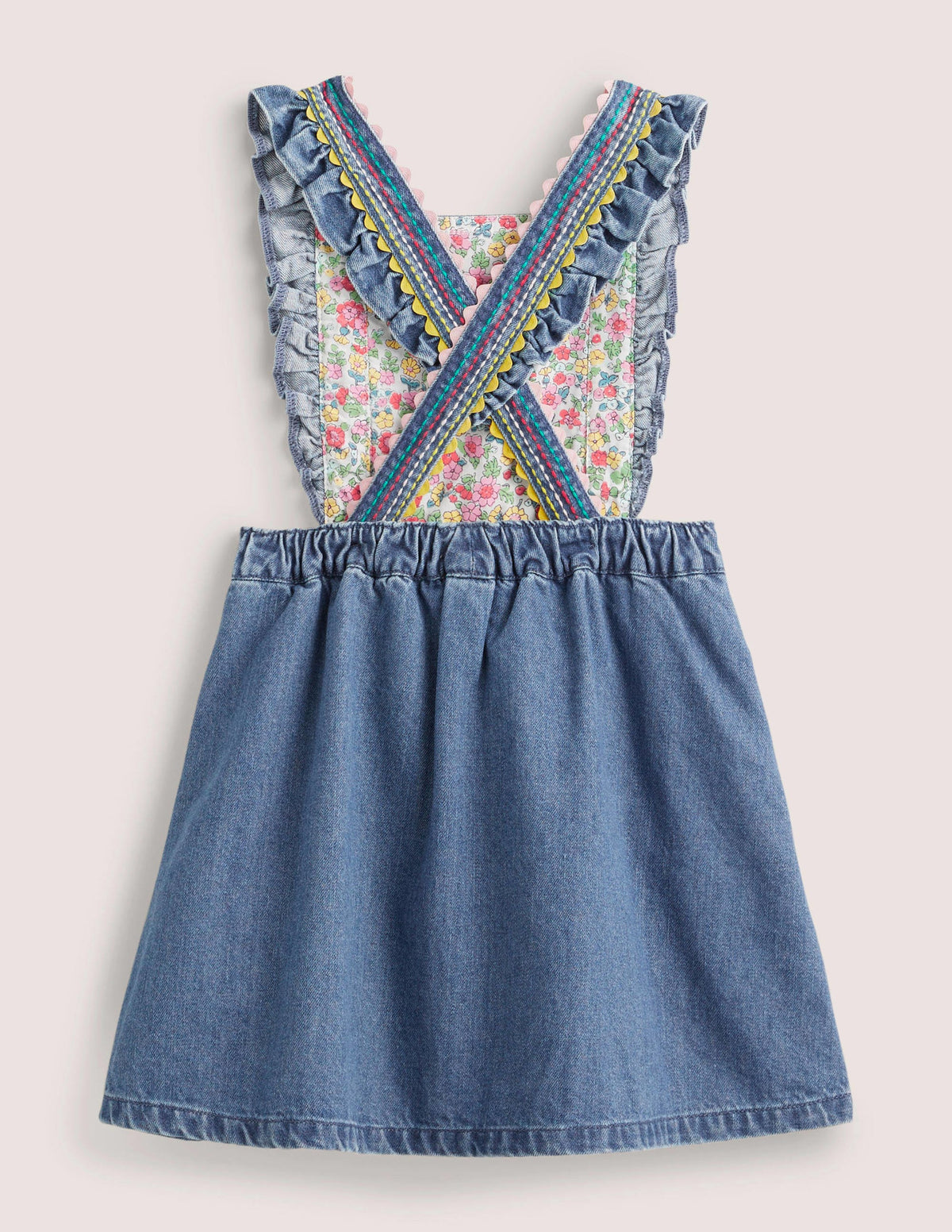 Gewebtes Schürzenkleid-Denim, Regenbogennähte-2