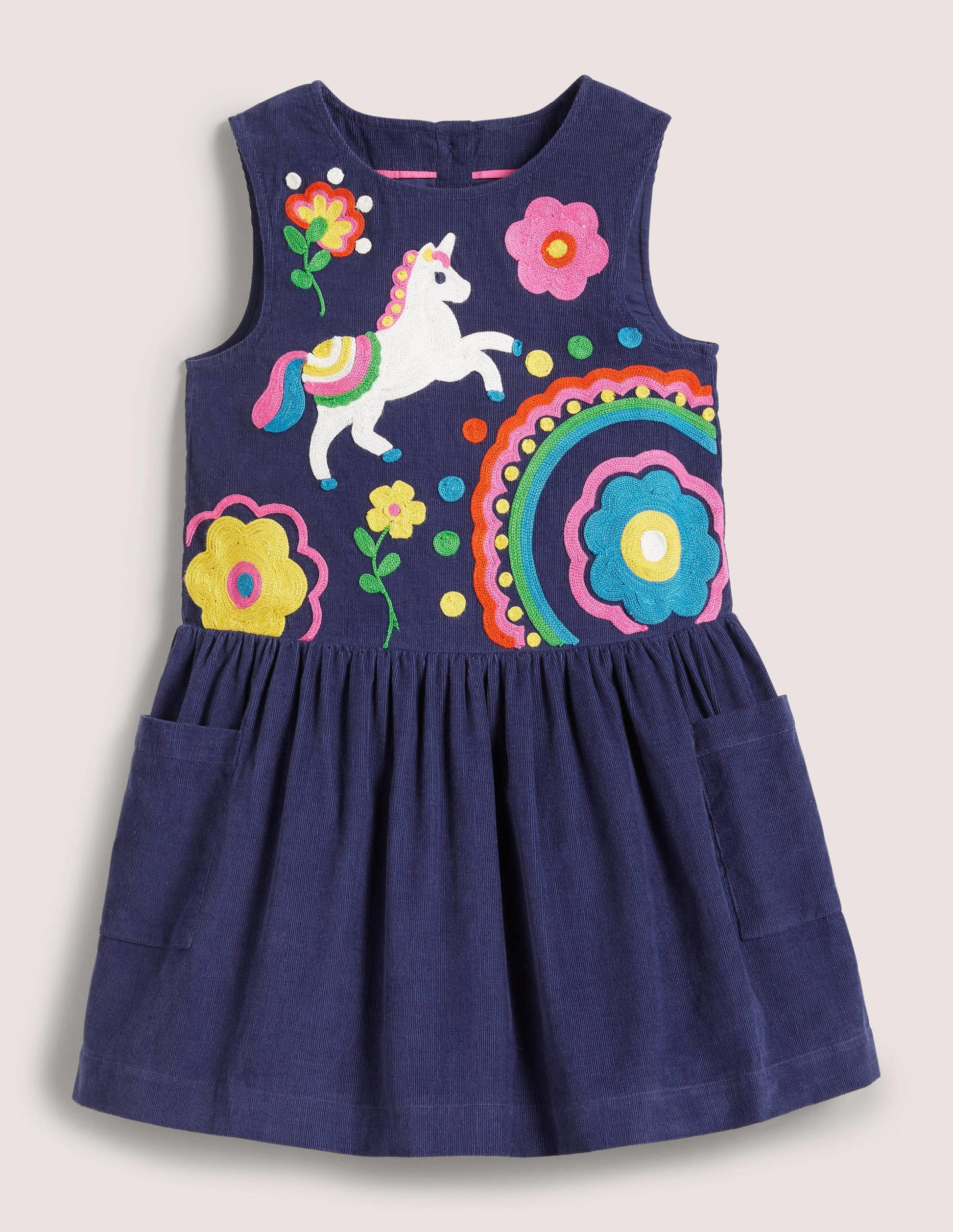 Navy Unicorn Embroidered Pinafore Dress-Schuluniform-Navy, Einhorn-1