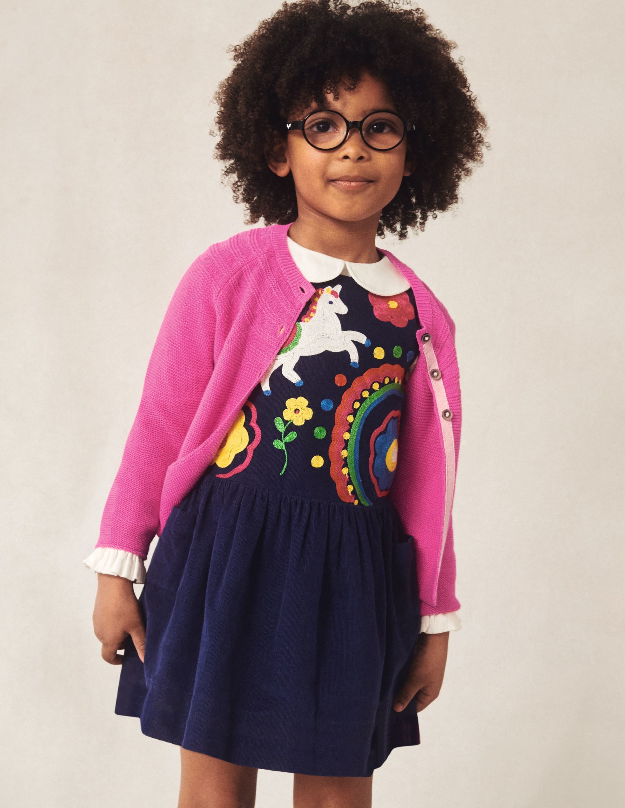 Navy Unicorn Embroidered Pinafore Dress-Schuluniform-Navy, Einhorn - Image 4